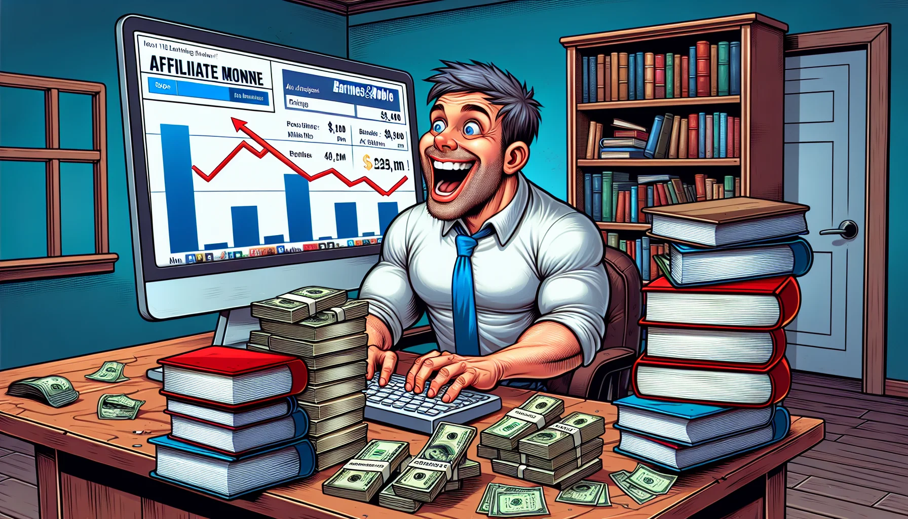 Illustrate a humorous and lifelike scene relating to making money online. In the central part of the image depict an average-looking Caucasian male, sitting at a cluttered desk filled with books, in an affiliate marketing environment. He is wearing an excited expression as he watches numbers rise on his computer screen, bringing to life the thrill of affiliate success. To subtly indicate Barnes and Noble, include a stack of books with book spines being a range of genres, but no specific branding. The background should provide an impression of a home office, hinting toward the online work-from-home lifestyle.