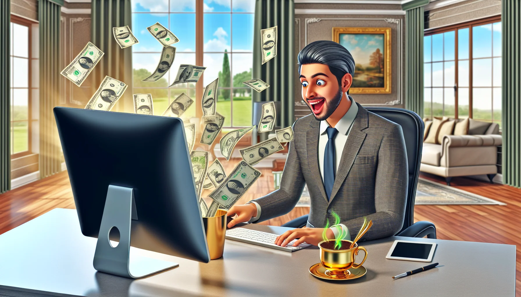 Create a humorous and realistic illustration involving a person of South Asian descent, male, who is representing an affiliate marketing company, sitting at a sleek modern desk. His eyes are wide with delight as he watches money symbols falling from his computer screen, an indicator of successful online earnings. The background reveals an indulgent home office with lavish decor and a large picturesque window depicting a sunny day. On the desk, next to the computer, there's a gold cup of coffee radiating a tempting aroma.