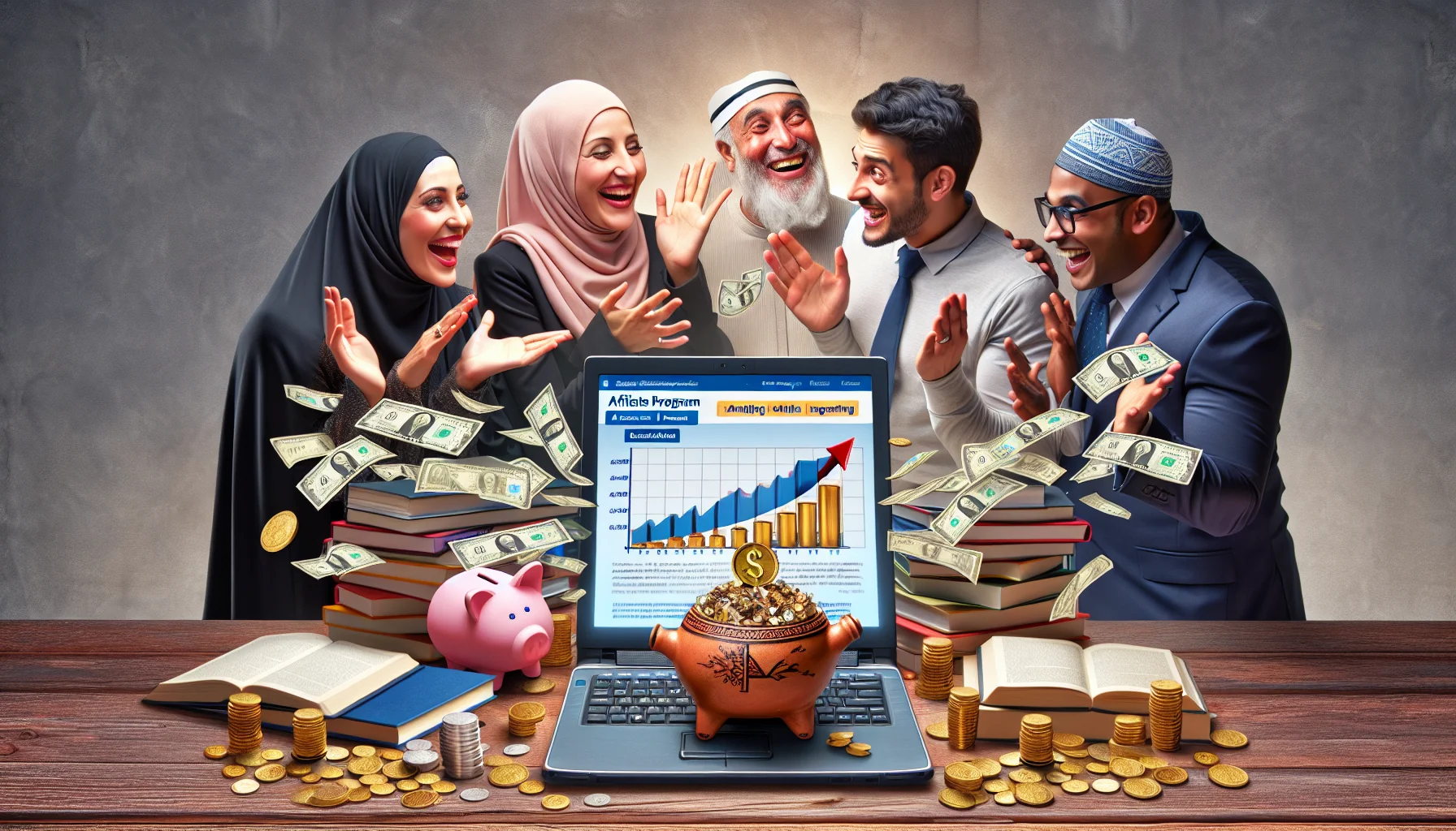 Generate a humorous, lifelike scene revolving around an imagined affiliate program by a major chain bookstore. Depict the program as a captivating online money-making opportunity. Show a diverse range of people - a Middle Eastern woman and a South Asian man - excitedly discussing their earnings around a laptop, displaying graphs of rising income. The website on the laptop screen promotes the program. In the background, stacks of books symbolizing the bookstore angle. Also, include a piggy bank overflowing with gold coins, analogizing the lucrative potential of the program.