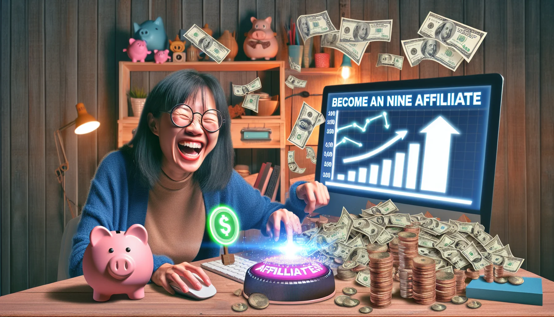 Visualize a humorous and lifelike scenario highlighting an individual becoming an online affiliate for an e-commerce platform. The setting is a home workspace, filled with eccentric items that symbolize prosperity and wealth, such as a computer screen displays increasing bar graphs and charts, a desk overflowing with novelty oversized coins and dollar bills, and quirky piggy banks lined up on a shelf. In this lighthearted scene, an Asian woman is laughing while holding a glowing affiliate badge shaped like a 'money-making' button, her other hand clicks a mouse, releasing a trail of digital currency particles.