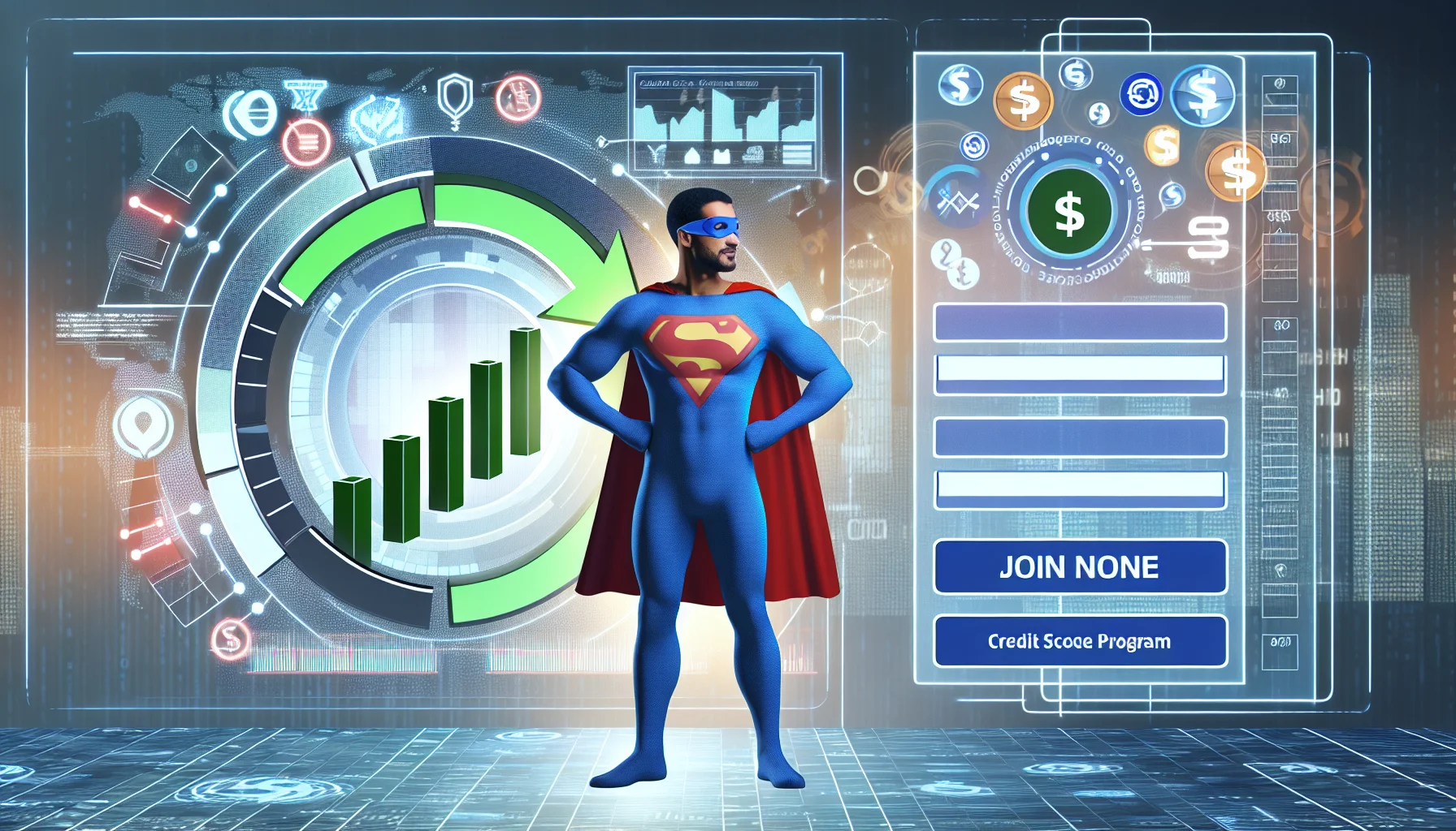 Design an amusing realistic depiction showcasing the concept of 'credit score hero'. Visualize this concept as a superhero figure, ethnically diverse and gender-neutral, standing boldly with a superhero-style emblem of a credit score chart on their costume. The background is a virtual world high-tech environment, symbolizing an online platform, filled with images of currencies, flowcharts, grids, and binary code to represent the concept of 'making money online'. To the side, portray an engaging and fashionable login panel, with the tagline 'join the credit score hero affiliate program'.
