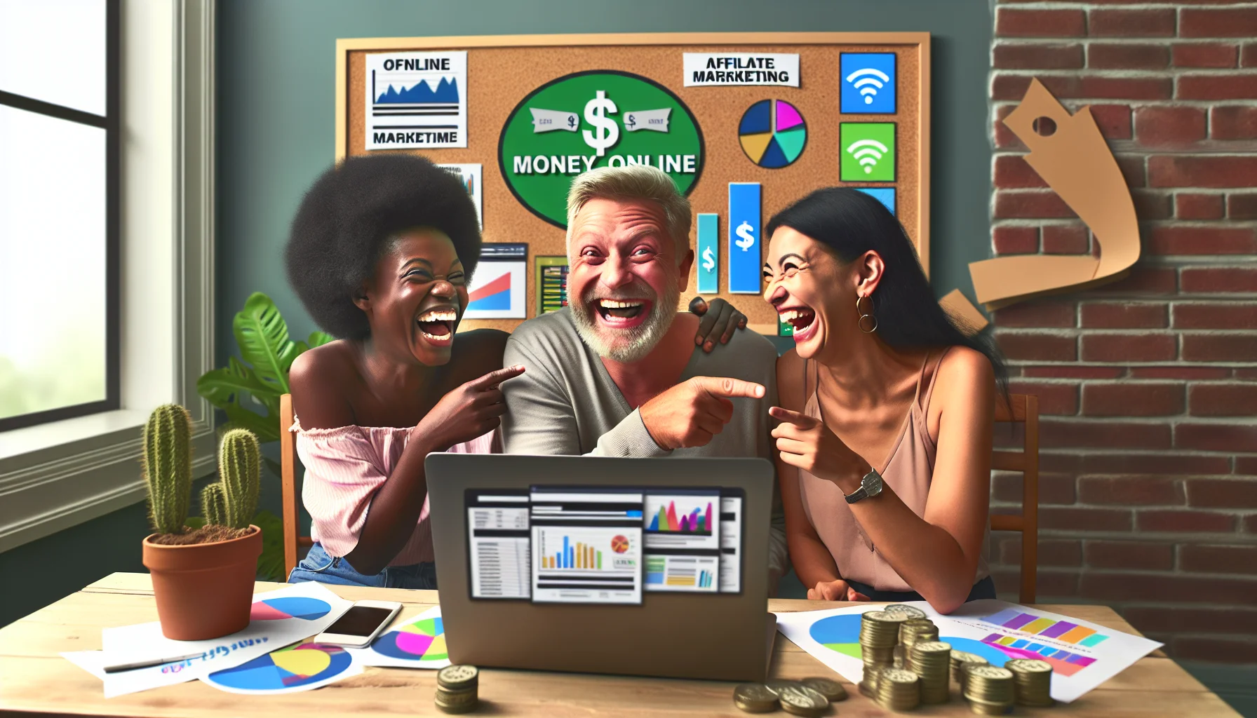 Generate a humorous, realistic image where a Caucasian middle-aged man and a young Black woman are involved in an enticing scenario about making money online. They are sitting in a home office, with laptops displaying colorful graphs and charts about online revenues. On the wall, a sign reads 'Affiliate Marketing'. They’re having a light-hearted conversation, laughing together while pointing at a screen showing a large dollar sign. Include elements expressing the digital nature of their enterprise such as WiFi icons and digital clocks.