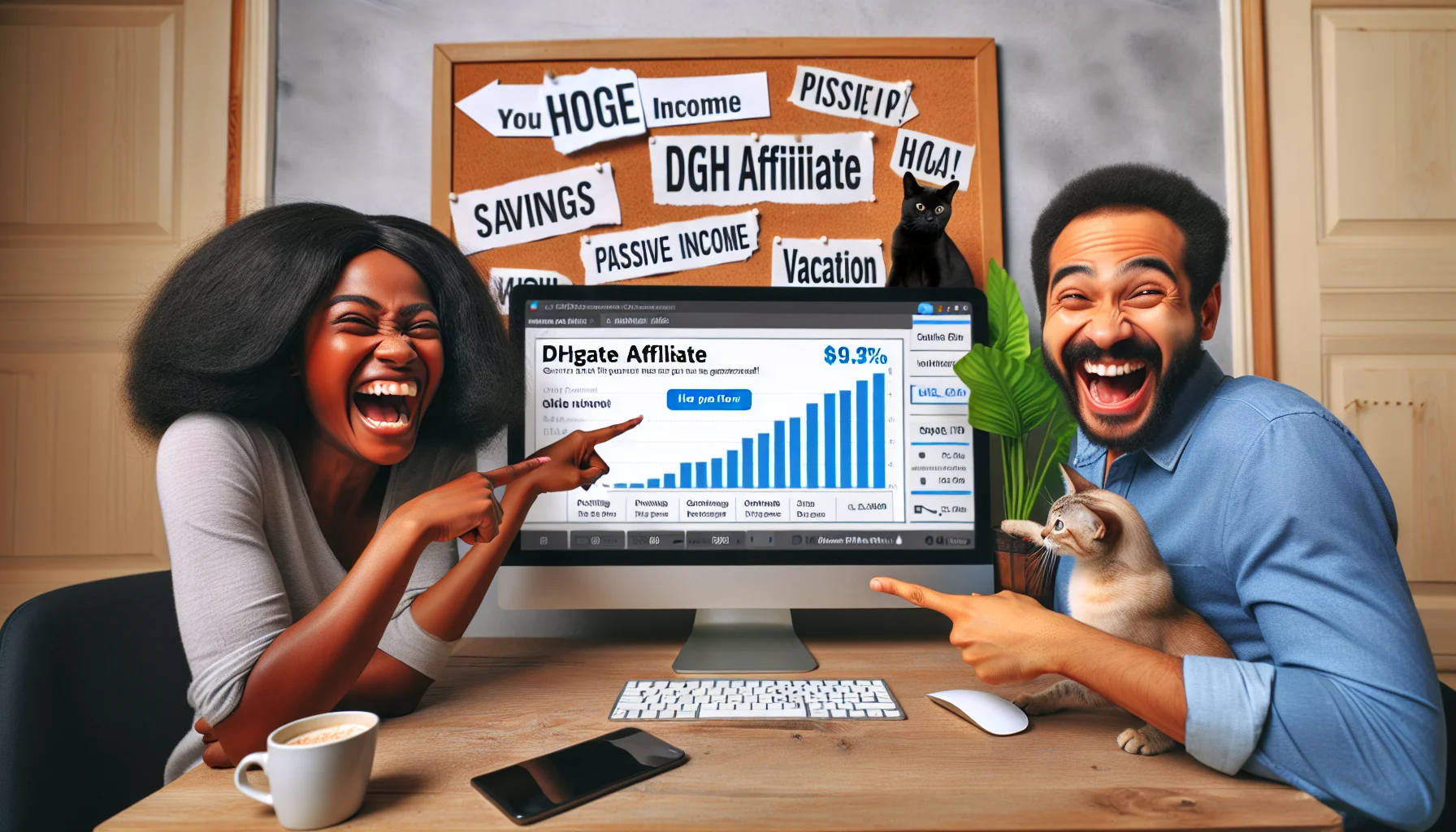 Create a humorous and realistic scene depicting a woman of black descent and man of Hispanic descent laughing and pointing at a computer screen that's showcasing a huge increase in generated profits. They are in a casual home office environment with a plant and coffee mug beside the computer. A program on the screen reads 'DHGate Affiliate'. On the wall behind them is a DIY vision board with words that represent passive income, savings and vacation. Add a touch of lightheartedness by having a cat trying to catch the on-screen cursor.