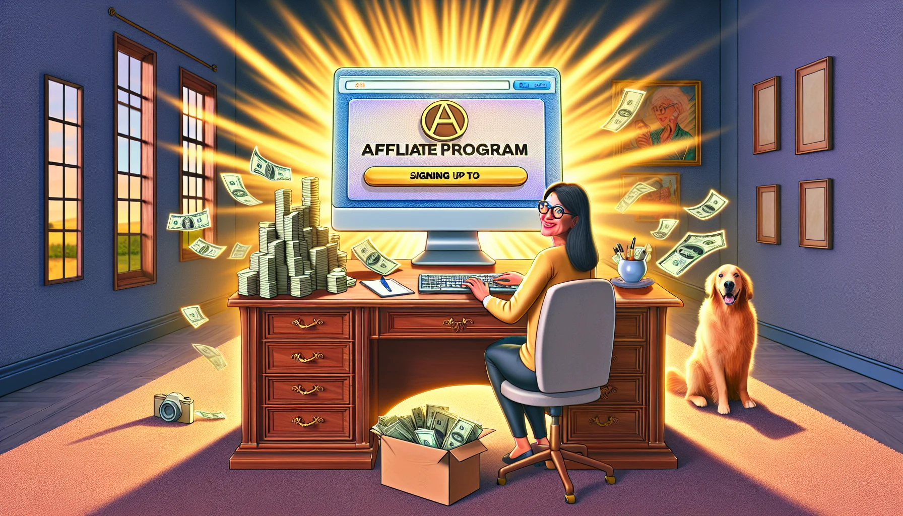 Imagine an amusing scene related to earning online income. In this scene, there's a person signing up for an affiliate program. They are sitting at a grand mahogany desk in front of a large, high-tech computer screen that displays the affiliate program's logo. On one side, there's a stack of money symbolizing potential earnings. In the background, a golden-yellow aura radiates, signifying richness and success. This person is middle-aged, South Asian woman wearing glasses and a confident smile, symbolizing an inclusive representation of the people typically underrepresented in such pursuits. The room has a comedic element - a playful golden retriever chasing its tail, adding lightness to an otherwise intense setting.