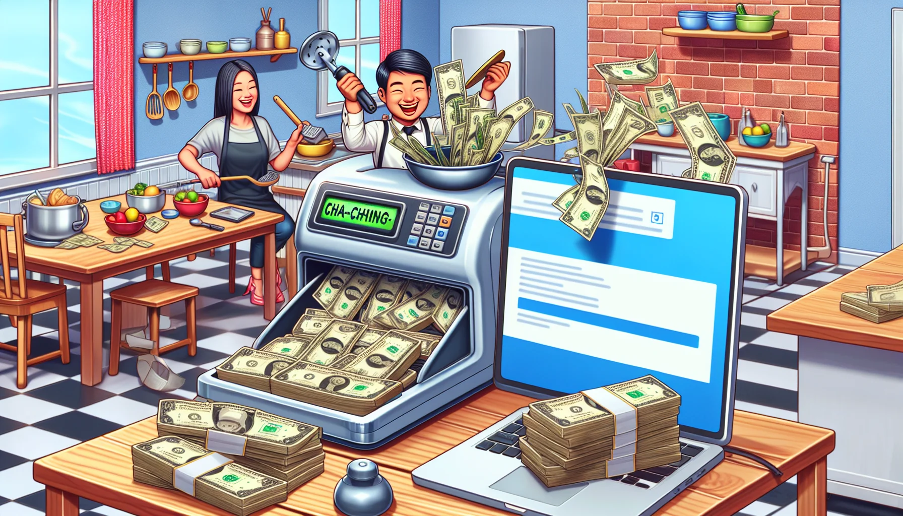 Imagine an engaging and humorous scenario related to making money online, set in a well-equipped kitchen showcasing a variety of unbranded kitchen tools, commonly associated with the kind you find from a popular kitchen gadget brand. An animated cash register is cha-chinging loudly, each time the sound rings, crisp dollar bills are popping out. There's a glowing laptop opened to a browser, displaying a web page that reads 'Affiliate Program'. A cheerful person, perhaps an Asian male, is using kitchen tools while another person, perhaps a Black female, is counting the money popping out from the cash register.