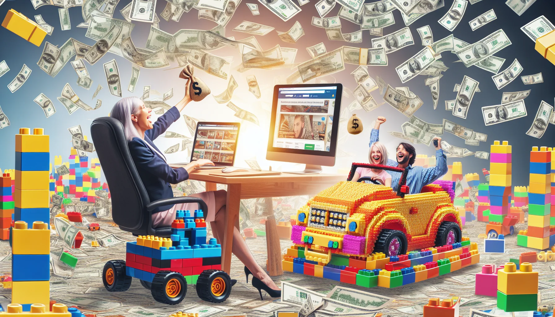 Generate a humorous image that playfully illustrates the concept of making money online through a block toy affiliate program. The scenery can be an imaginative interpretation of the internet world, with vibrant images of computer devices, websites, and block toys. Picture a Caucasian female at a computer desk flooded with stacks of dollar bills, visually highlighting the profitable aspect. Further, depict a Hispanic male driving a block toy car filled with gold coins, embodying the idea of wealth gained through an affiliation program. Imbue the entire scene with an enticing, yet light-hearted appeal.