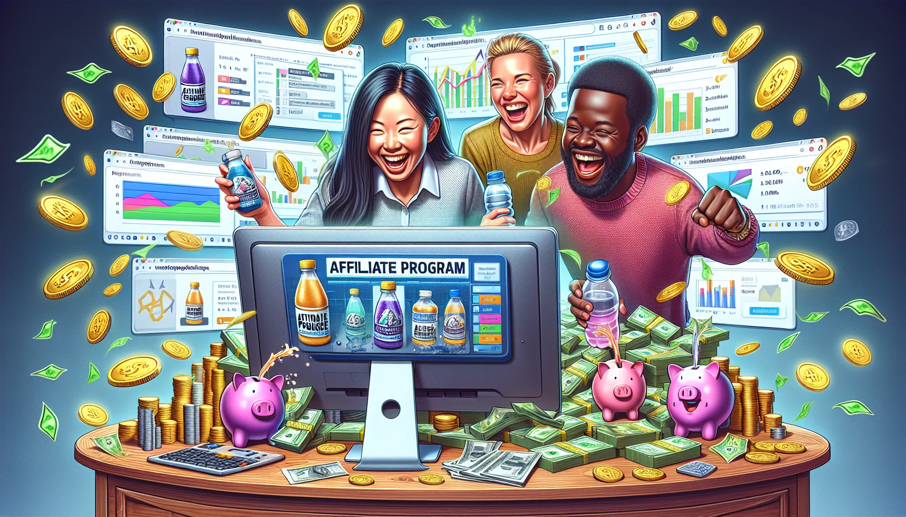 Generate a comical, true-to-life scene illustrating the concept of an affiliate program for a hydrating drink product, intertwined with the theme of online monetary benefits. Picture a diverse blend of people, an Asian female and a Black male, zealously operating a sophisticated computer system laden with numerous browser tabs displaying charts, figures, and statistics. The screen clearly highlights the affiliate program logo, while the background is filled with elements symbolizing success and wealth, such as cash, gold coins, and piggy banks. The environment exudes a cheerful, energetic vibe and the characters are laughing, hinting at the fun and potential financial rewards in the program.