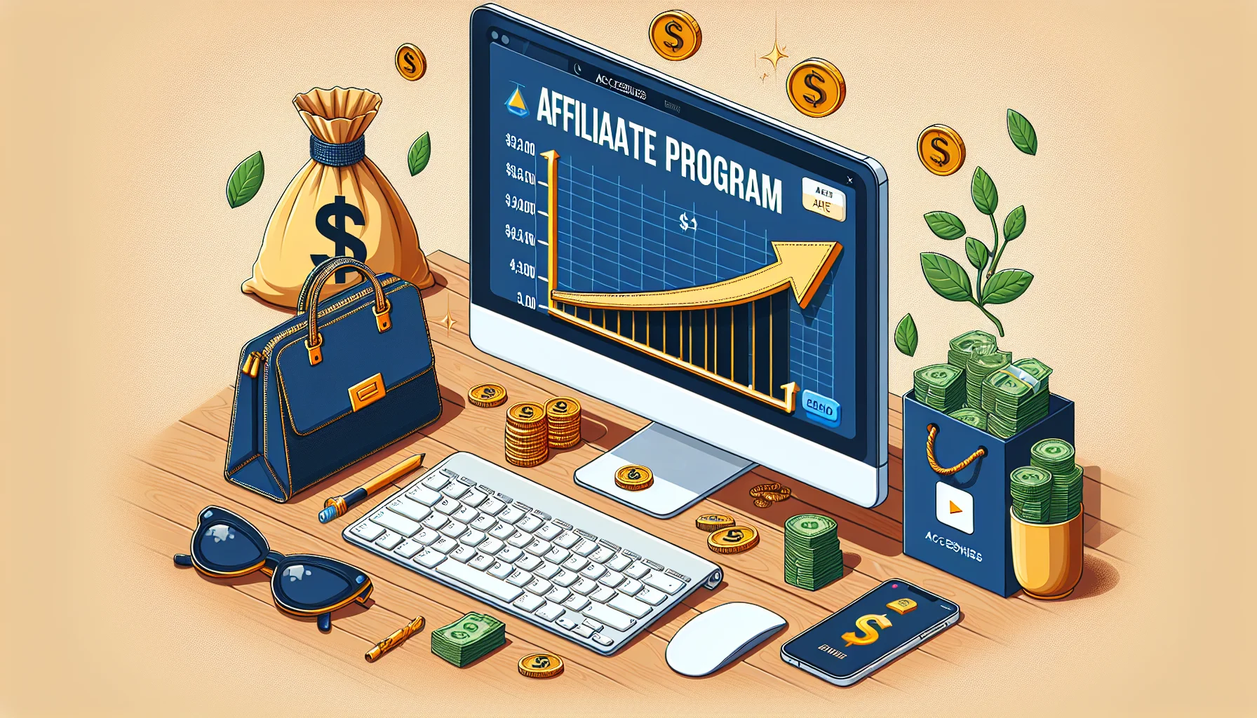 Create a humorous and realistic image showcasing an accessory brand's affiliate program. Picture a computer screen displaying a high earnings chart indicating successful online monetary gains. Surround the screen with enticing symbols of success such as a rising arrow indicating growth, coins, and bags of money. Include accessories such as stylish bags and clothing with a classy logo that is similar to high-end brands, but is not specifically any real brand name.