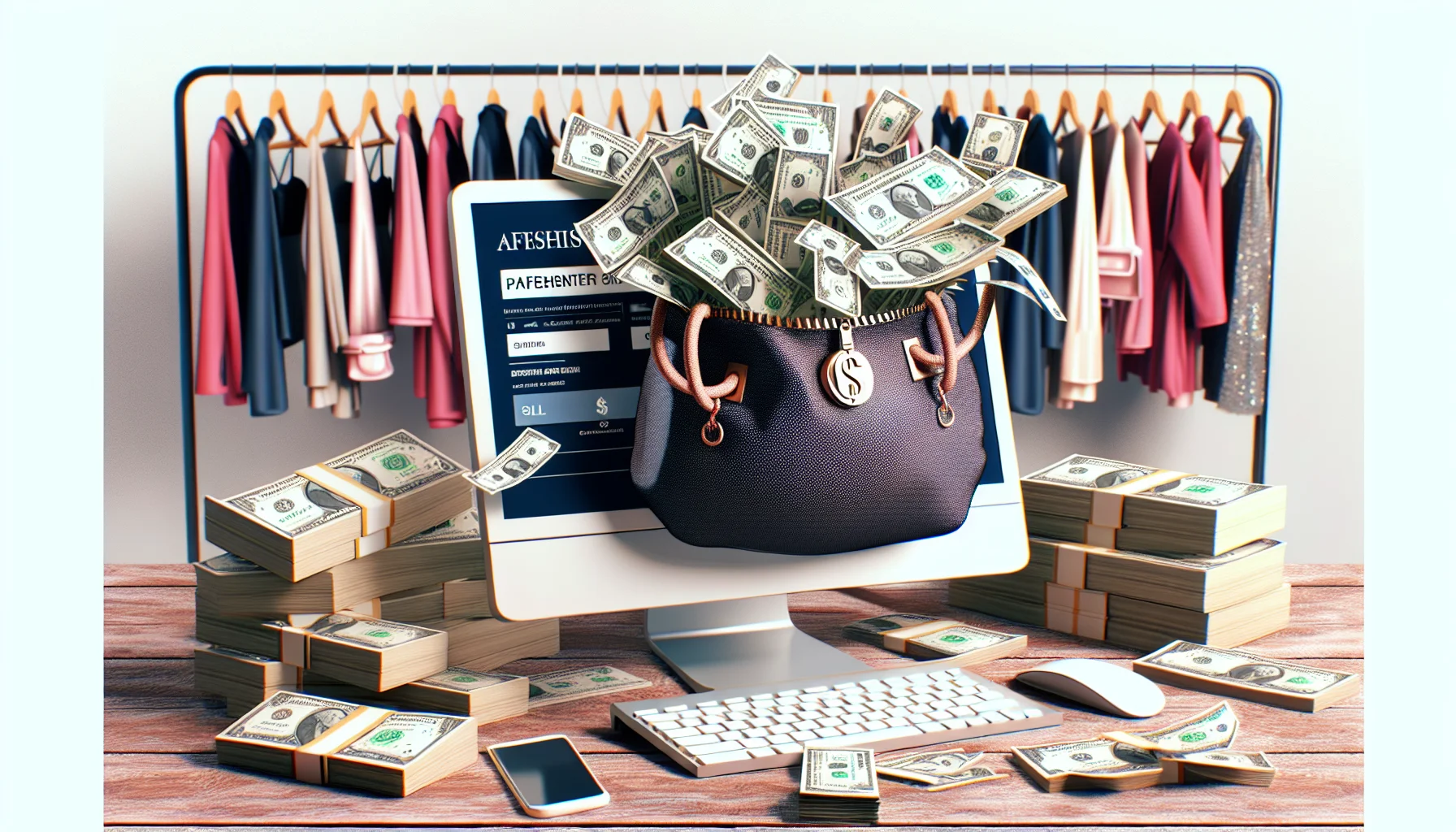 Envision a humorous and realistic scenario representing an unnamed popular fashion designer's affiliate program. Picture this scenario in the context of making money online. Imagine an exaggerated pile of US dollar bills spilling out from a computer screen, and a stylish bag carrying the designer's logo next to it, indicating profits from the program. On the screen, also show various fashion items being sold online. The overall setting should be enticing and portray the benefits of online money-making.