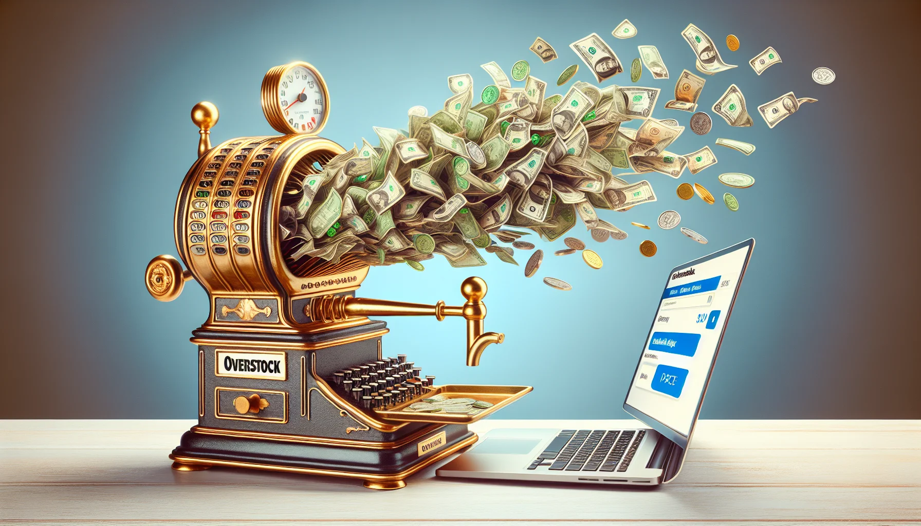Create a whimsical yet realistic image that highlights the theme of the Overstock affiliate program. Picture it in a scenario that is enticing and strongly related to making money online. Imagine this with a playful twist: visualize an old-fashioned, brass cash register. This register is bursting open, spewing out a stream of digital coins and banknotes into a laptop screen. The laptop screen shows the logo of the affiliate program. This fantastical conversion of physical money into digital form symbolizes the earning potential of participating in online affiliate programs. Please refrain from including any real persons or copyrighted symbols, and keep the tone light and fun.