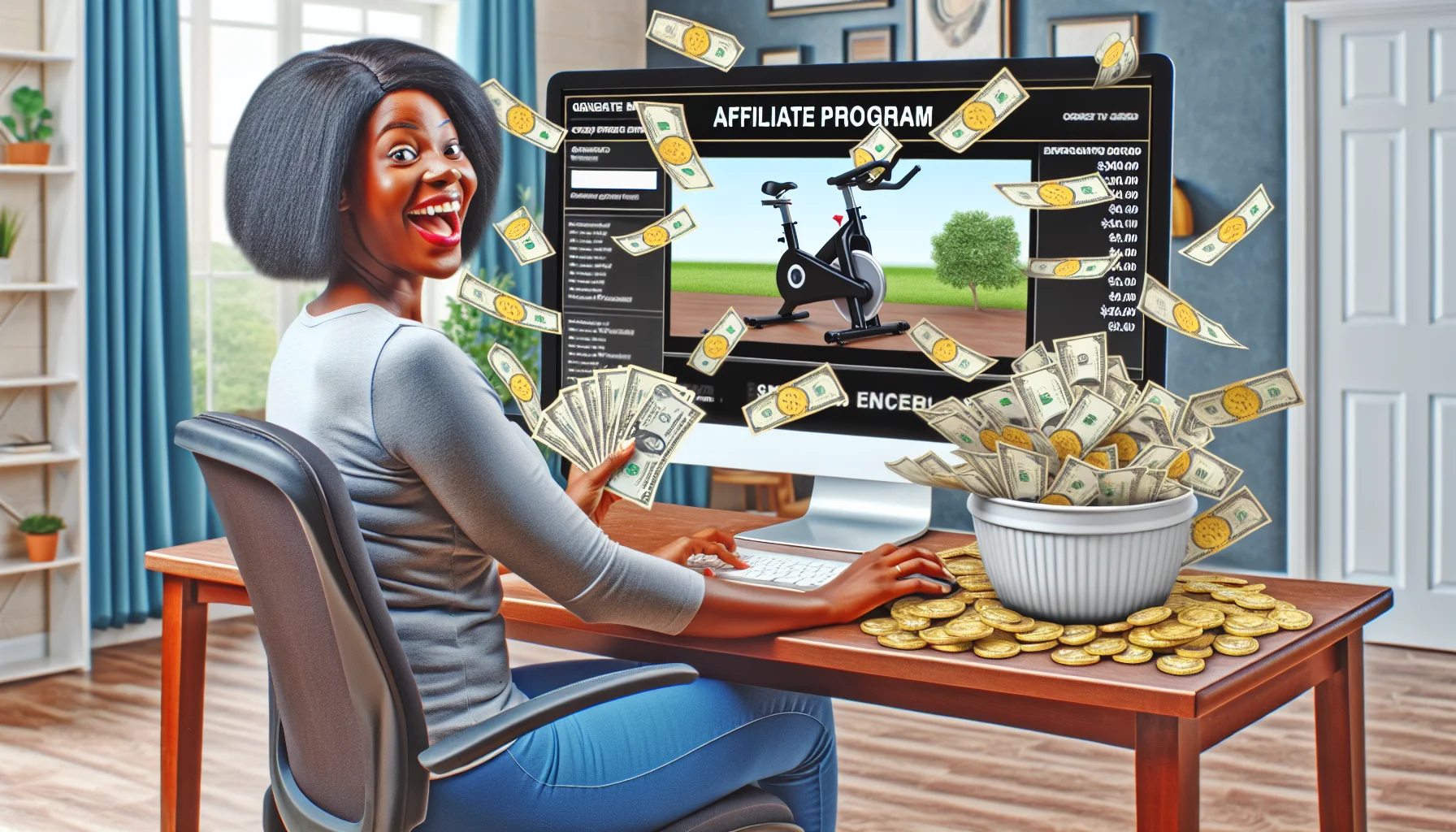 Generate a humorously realistic image that encapsulates the concept of an online affiliate program for a popular exercise bike company. The scene should be enticing, implying the possibility of making money online. Perhaps depict a cheerful Black woman sitting at a computer, joyfully monitoring her affiliate program dashboard. There could be humorously oversized coins or bills flooding out from the computer screen, an exaggerated symbolization of her online earnings. This concept should be placed against a backdrop of a tastefully decorated home office to show a comfortable working environment.