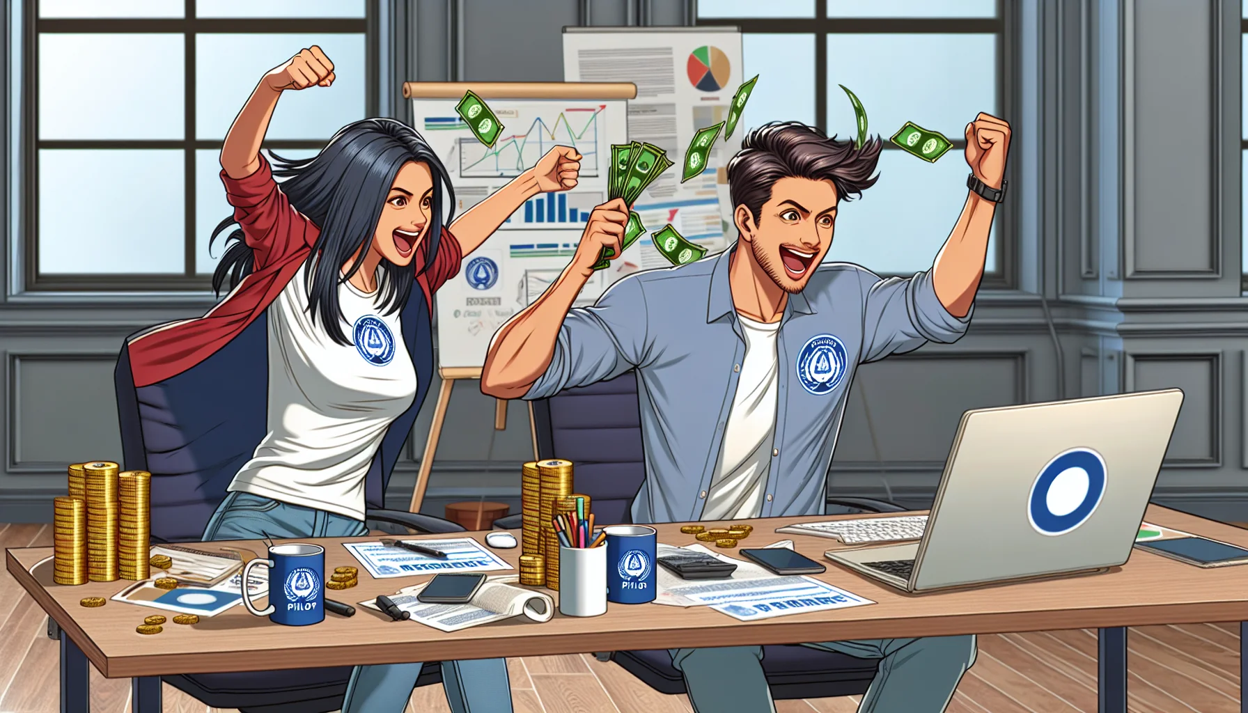 Depict an enjoyable and realistic scene where a young woman of South Asian descent and a man of Middle Eastern descent are energetically engaging in an online money-making scheme. They are in a modern office setup with computers, papers, and a white board where strategizing is visual. Include some promotional items like mugs, t-shirts, and pens scattered throughout the scene, all bearing the emblem of a fictitious 'Philo Affiliate' company. The atmosphere is lighthearted and jovial, and both individuals appear thrilled as they celebrate considerable profits on their computer screens.