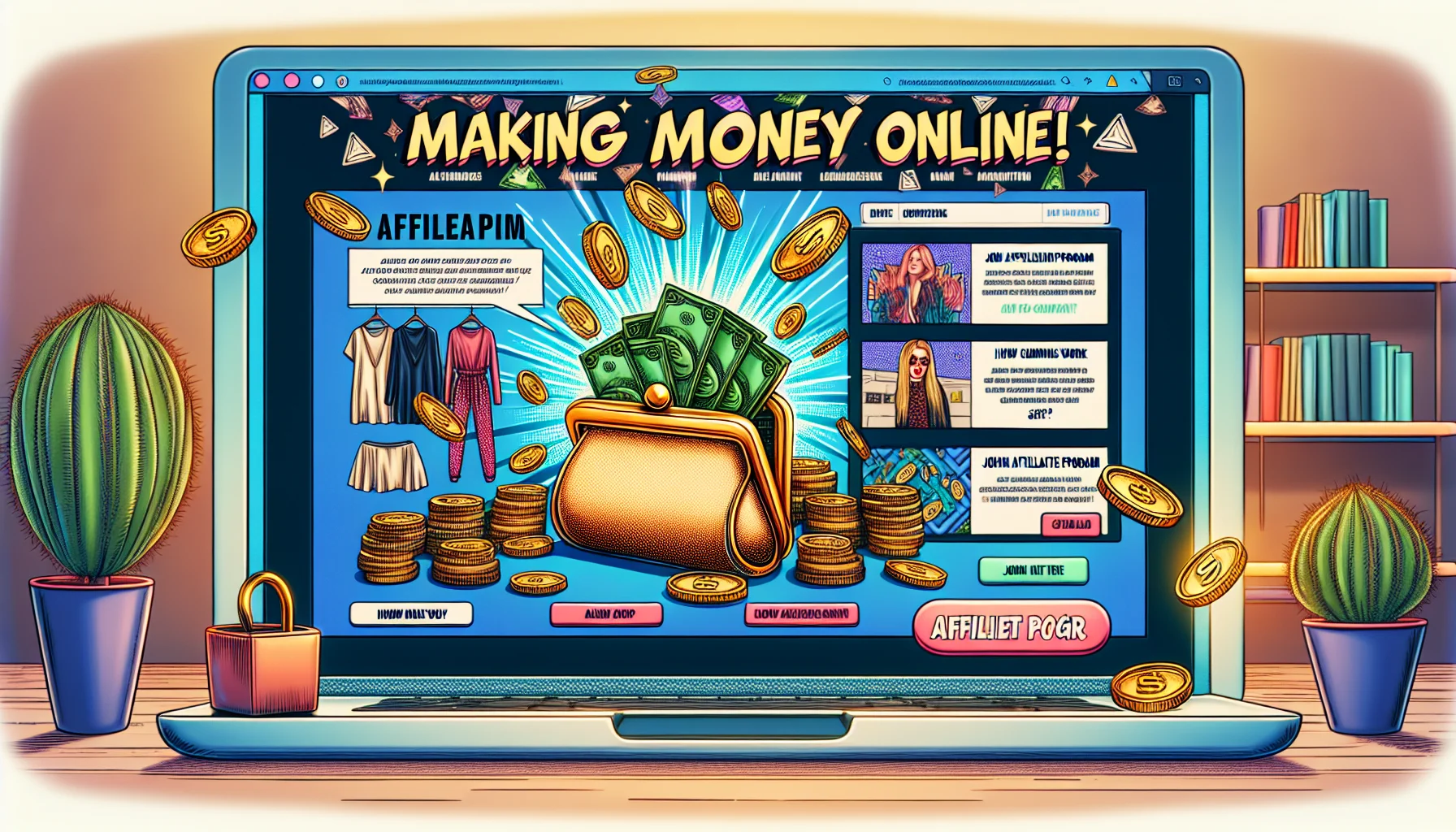 A humorous, authentic scene elucidating an affiliate program of a high-end fashion brand. Imagine a stylish blog interface that exemplifies ‘making money online’. The site window holds the brand's emblem, an array of stylish products and a radiant, flashing 'join affiliate program' button on the side. An animated gif of coins flowing into an open wallet is embedded on the page for that enticing touch. There's an info-graphic on how commissions work, and a virtual chat assistant pops up offering help. Vibrant graphics and playful design elements enhance the fun element of this online money making scenario.