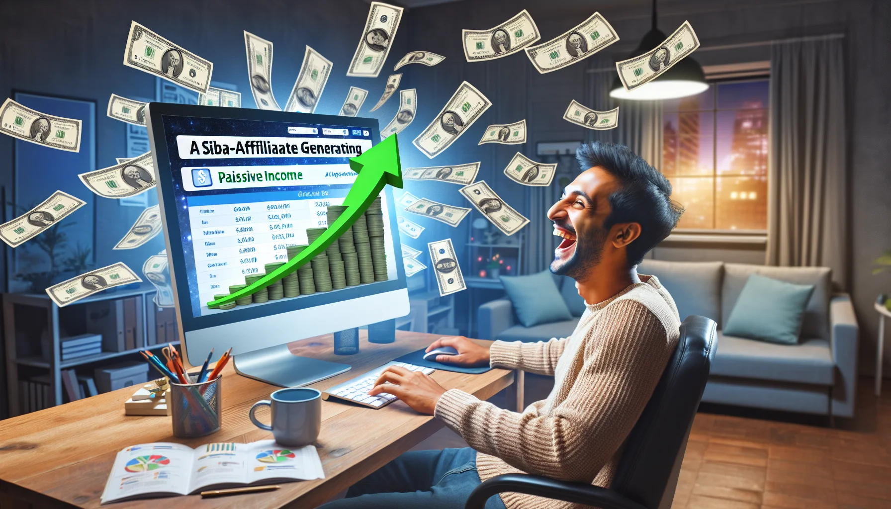 A humorous, realistic image of a sub-affiliate generating passive income online. The image displays a South Asian man sitting in a cozy home office, laughing as he watches a computer screen that shows increasing earnings in an affiliate marketing dashboard, with a dollar sign icon growing larger. Dollar bills are creatively swirling around him, symbolizing the flow of income. The room is brightly lit, filled with technology gadgets, and echoes an atmosphere of comfort and productivity.