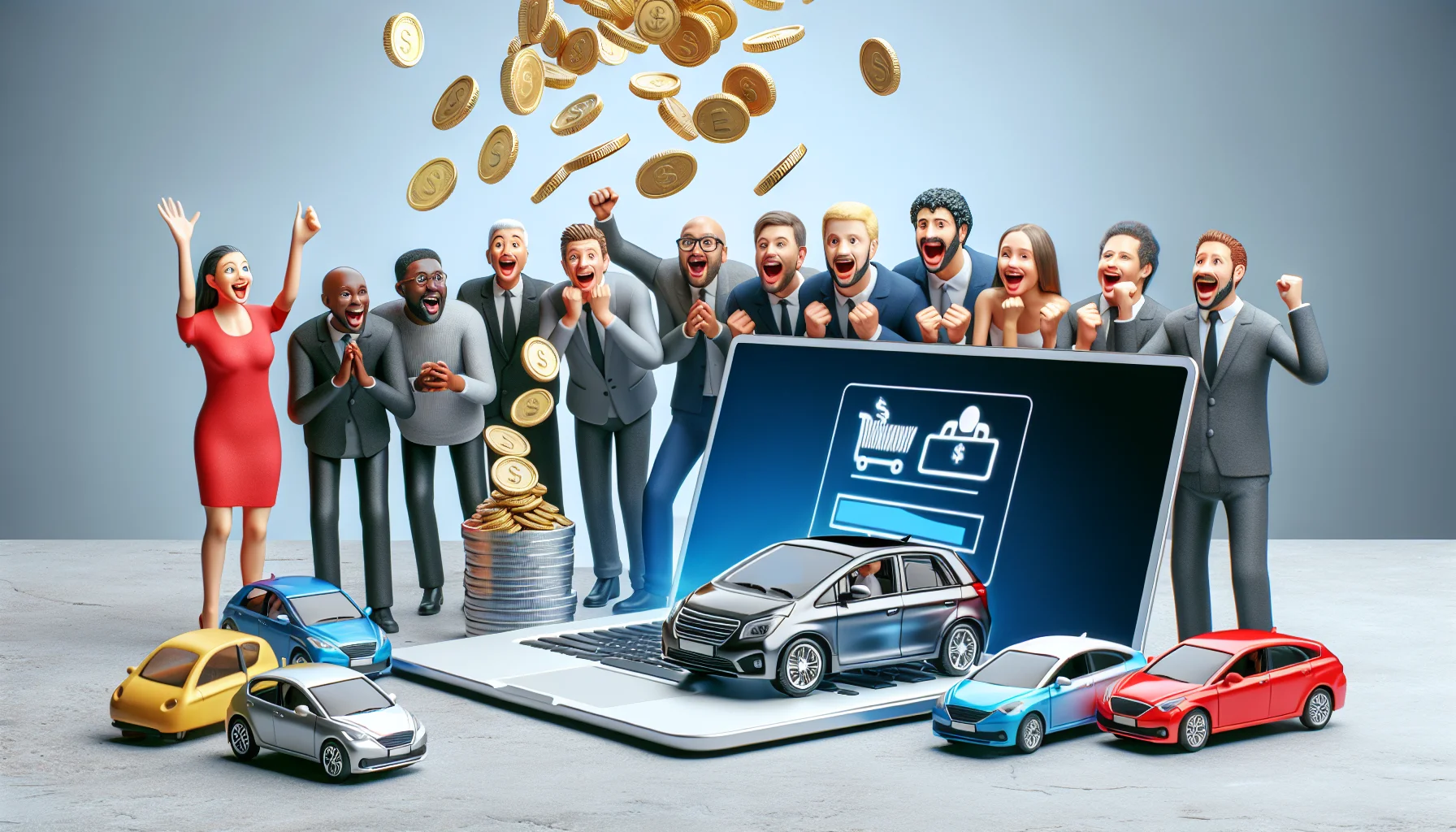 Create a humorous and realistic image representing a fictional car-sharing affiliate program, enticingly connected to the concept of making money online. Picture a scene with an animated laptop screen displaying coins pouring out, symbolizing online earnings. Next to the laptop, lay a set of miniature car models, illustrating the car-sharing facet of the program. Around the scene, place individuals of diverse descents such as Caucasian, Hispanic, and Black, all with excited expressions, representing the wide appeal of this online opportunity.