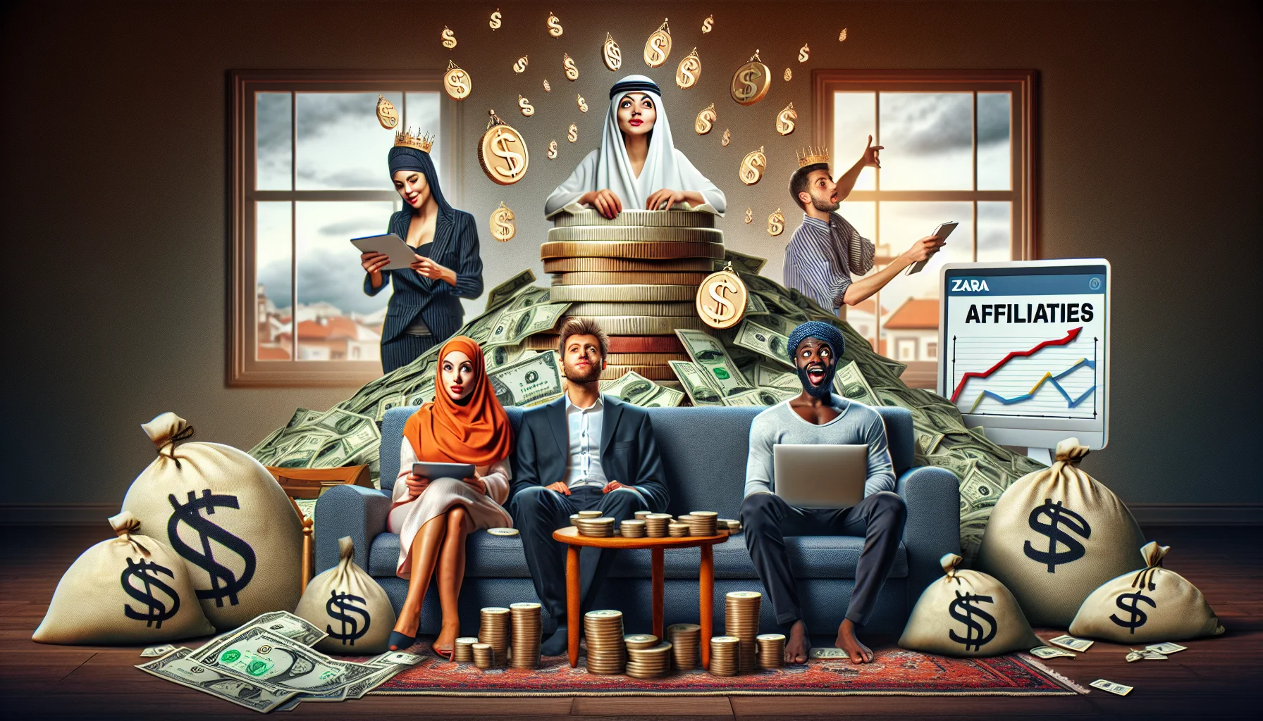 A humorous and realistic interpretation of an online money making opportunity through an affiliate program. It's a home setup, with a diverse group of individuals. The scene includes a Middle-Eastern woman staring at a computer screen crowned with dollar signs, a Caucasian man reclining on a sofa, exploring 'affiliates' on a tablet, and a Black man excitedly highlighting a growth chart. In the background, it's raining money. Heap of coins are placed around, forming the word 'Zara'. This exciting scene subtly hints at the potential for financial success with the Zara affiliate program.