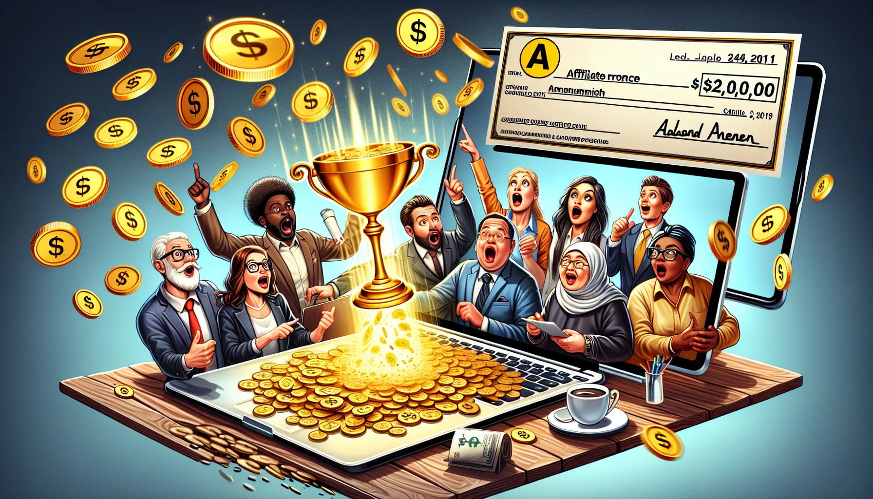 Imagine an amusing and believable scene where an affiliate marketing program is depicted. A giant symbolic 'check' with noticeable money amounts written on it is hovering mid-air above a laptop displaying the letters 'A'. Nearby are multiple diverse people, including a white woman with glasses, a black man with a briefcase, an older Middle-Eastern woman with a shawl and a South Asian man with a coffee cup, all their eyes wide open with a surprised reaction and pointing towards the laptop with excitement. Surrounding them are pop-up chat boxes displaying encouraging statements and dollar symbols. The room is filled with gold coins, flowing out of the laptop screen, indicating the program's lucrative online money-making potential.