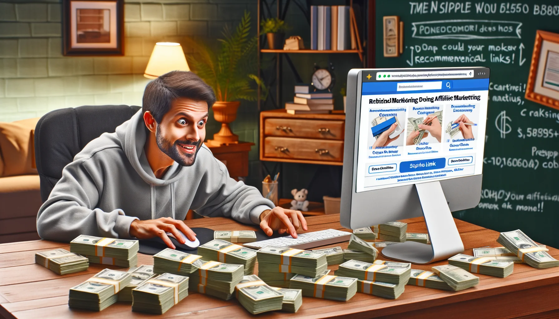Create a humorous, realistic interpretation of a person doing affiliate marketing. Depict this in an enticing scenario related to earning money online. Perhaps, show a Caucasian man sitting at a computer desk filled with stacks of dollar bills in a cozy home office, while clicking a mouse and his other hand is on 'recommendation links'. On the computer screen, show a website that's showcasing probable products to promote. Make sure to capture the excitement and anticipation in the man's facial expression, as if the next click could strike gold.