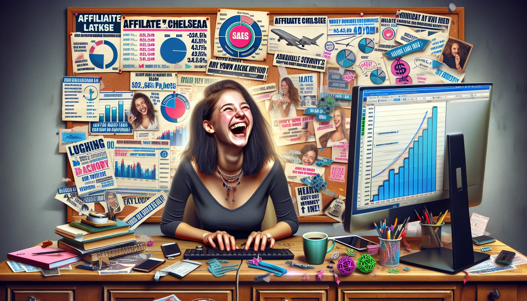 Generate a humorous image portraying a young Caucasian woman, stylized as an online entrepreneur named 'Affiliate Chelsea'. She's sitting at her workspace filled with high-tech gadgets and multiple monitors flaunting various diagrams and analytics related to online marketing. She is laughing wholeheartedly while looking at a monitor that displays increasing sales graphs, signifying successful online money-making. One hand is busy typing while the other holds a cup of coffee. Behind her, a wall adorned with posters outlining her journey, slogans, and inspirational quotes about financial independence.