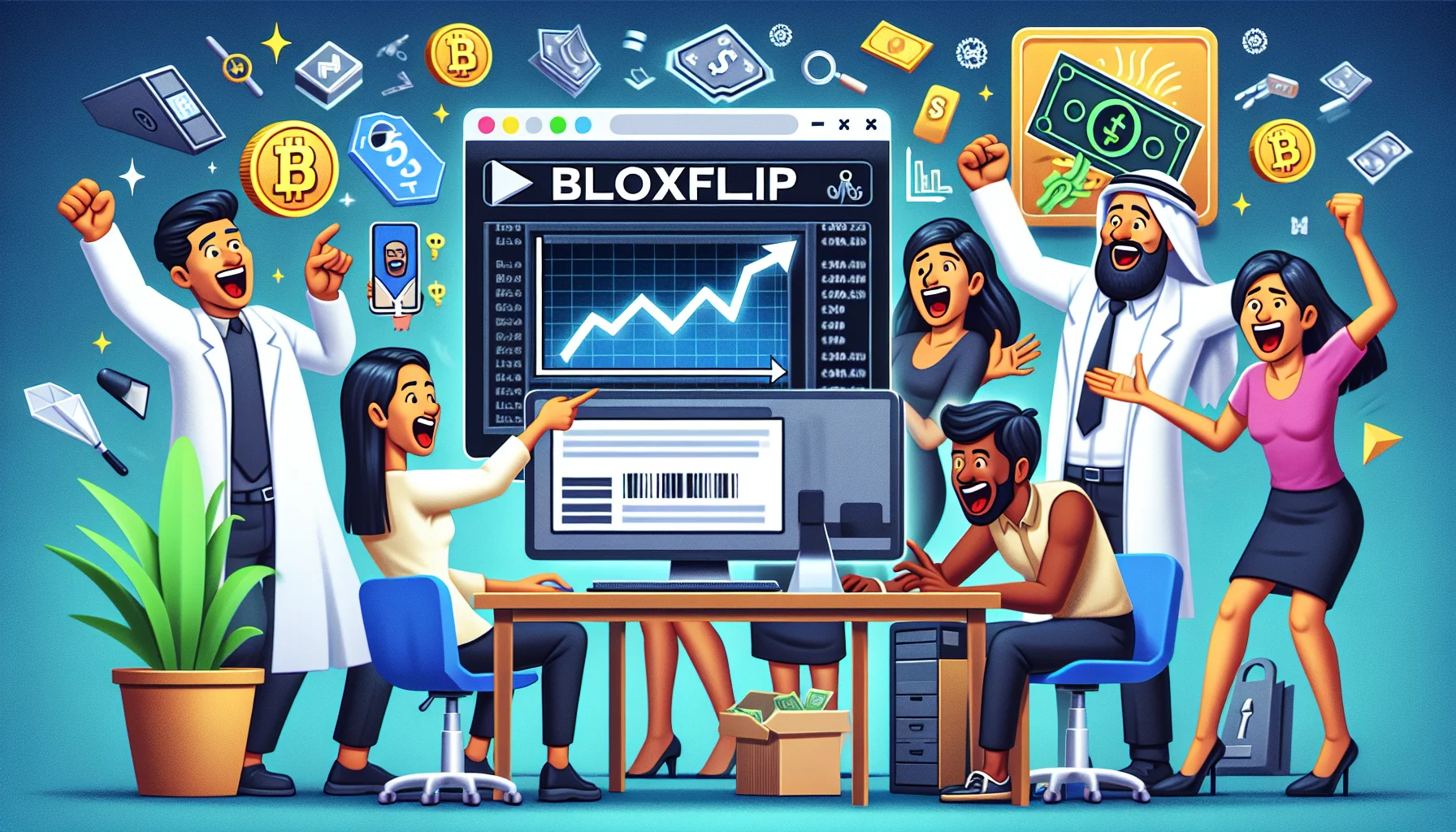 Create a humorous and realistic scene featuring the text 'bloxflip' on a computer screen, associated with an affiliate code. Depict this in a home office setting with various symbols of online wealth generation, like a graph with an upward trend, internet icons, and digital currencies. Several characters are present: a Middle-Eastern man excitedly pointing at the computer display, an Asian woman focusing diligently on the screen, and a Black woman laughing joyfully, holding her head. The atmosphere is lively, suggesting that using this code can lead to prosperous outcomes in online ventures.