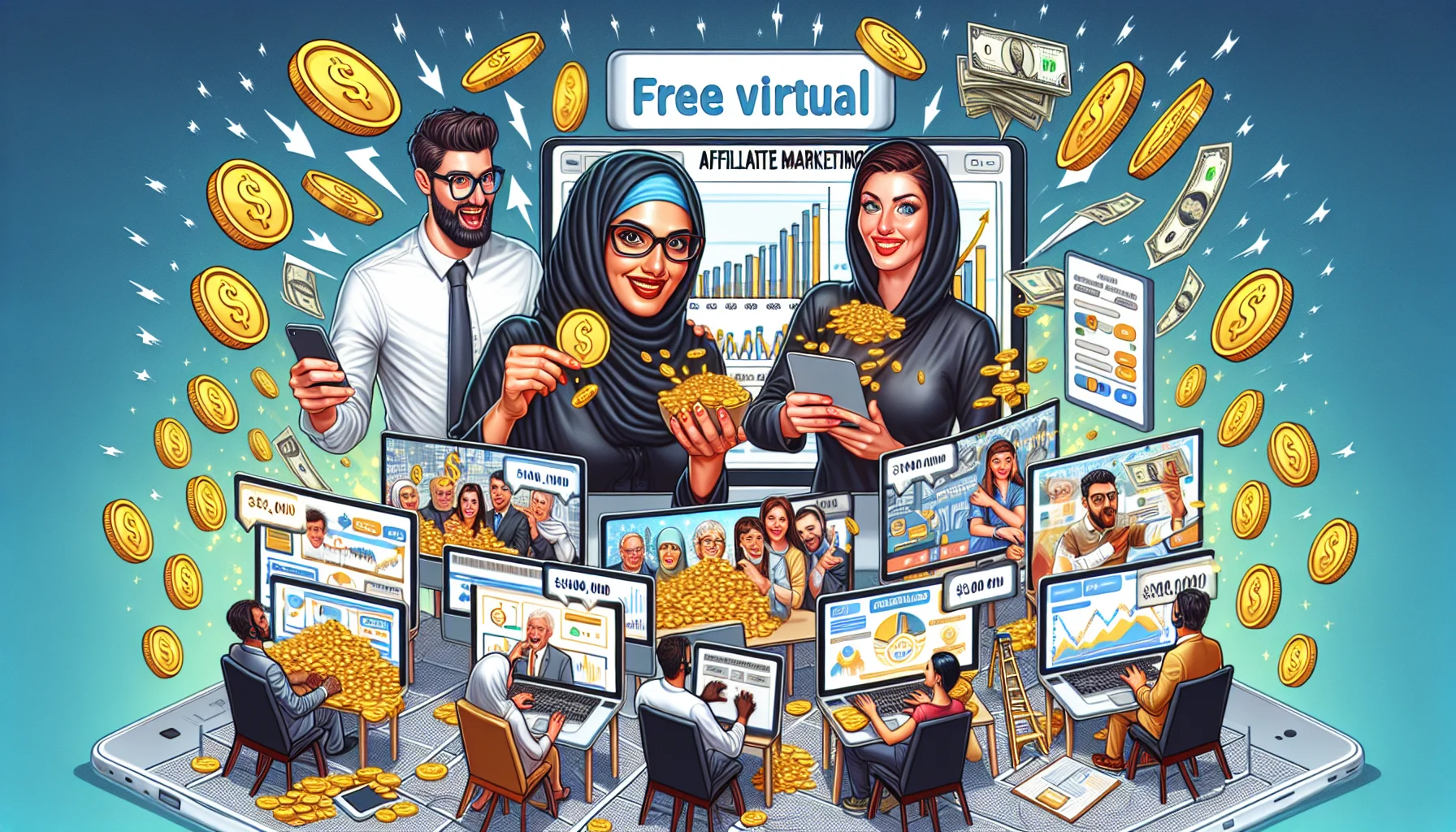 Generate a humorous, realistic illustration portraying a free virtual event on affiliate marketing. The image should demonstrate an enticing setup where people of different descents and genders, such as a Middle-Eastern woman and a Caucasian man, are interacting with their computer screens, showcasing their reaction to the potential of earning money online. The screens should display various charts, diagrams and dollar signs to emphasize the financial benefits. Use clever symbols, including cash raining from the sky or gold coins popping out from their computer screens, to artistically depict the concept of making money online.
