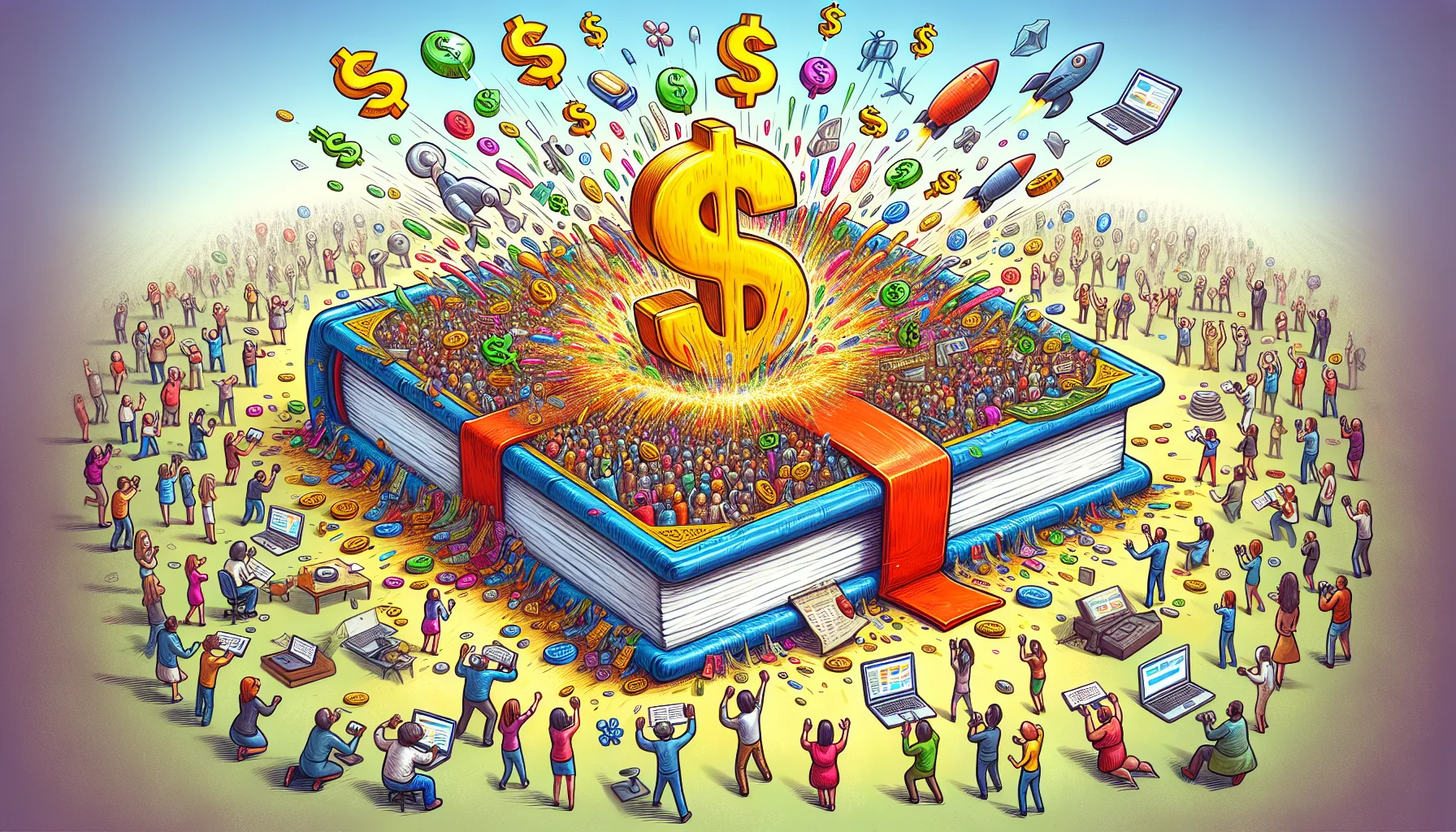 Imagine an engaging, comedic scenario related to online freelancing or entrepreneurship. A remarkably large-sized, colorful book rests at the center of the chaos. The book, titled 'The Golden Rules of Affiliate Marketing', shines brilliantly as if it's gleaming with the promise of future wealth. Cartoony dollar signs spring from the book, symbolizing its financial advice. Around it, a mishmash of web-related elements overflows - laptops, website icons, and online shopping carts. In the background, stick drawings of people displaying diverse ethnicities and genders appear, all eager to grab the book, depicting the competitiveness in the world of online money-making.
