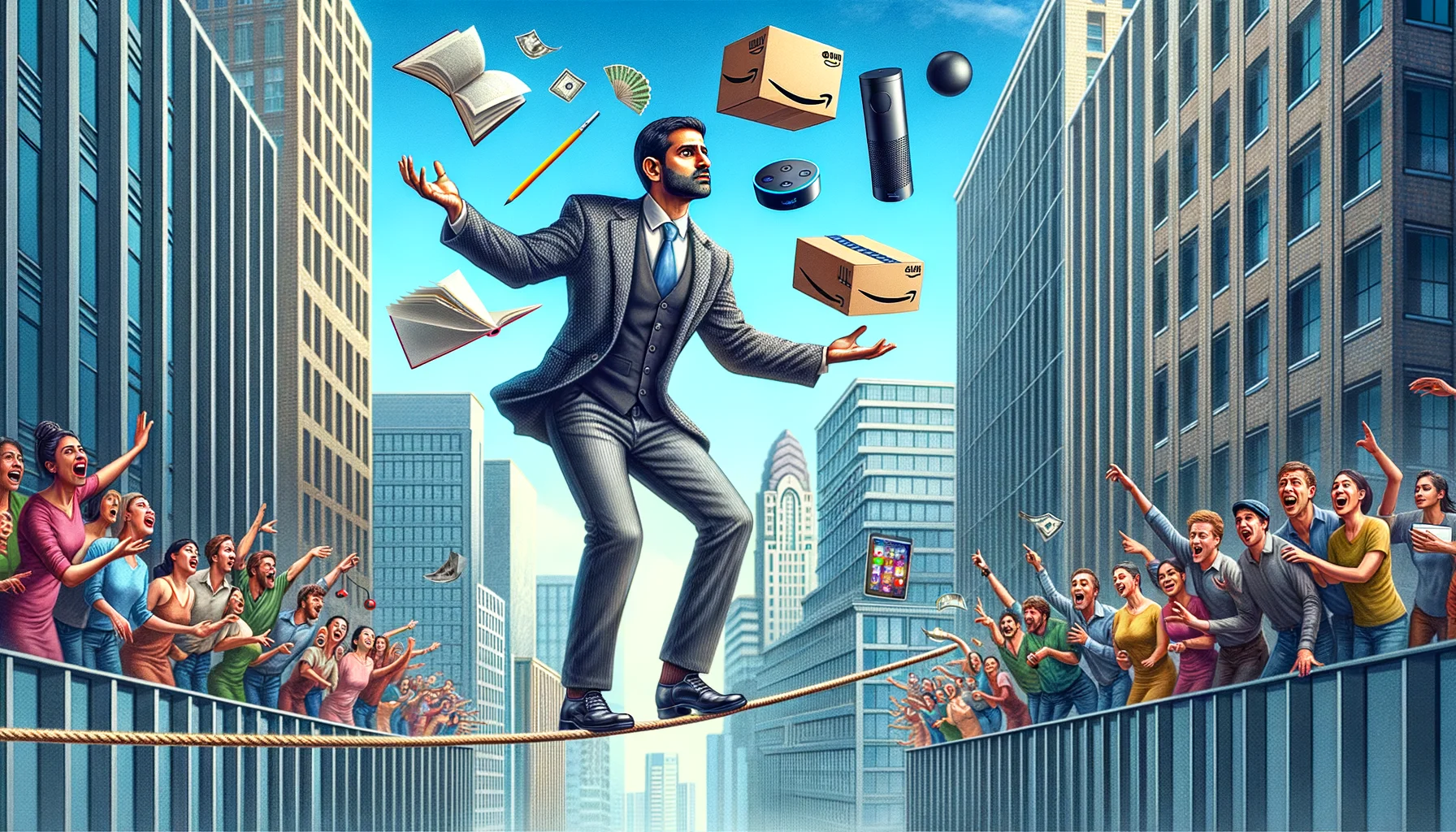 Craft a humorous and realistic image that portrays the concept of affiliate marketing related to Amazon. In the foreground, portray a South Asian man wearing a business suit, juggling multiple items symbolic of Amazon products: a book, a package, and an echo dot. He is balancing on a tightrope that stretches between two tall buildings, representing the balance involved in affiliate marketing. At one side of the buildings, portray a crowd of diverse people, all laughing and pointing while taking pictures of the spectacle.