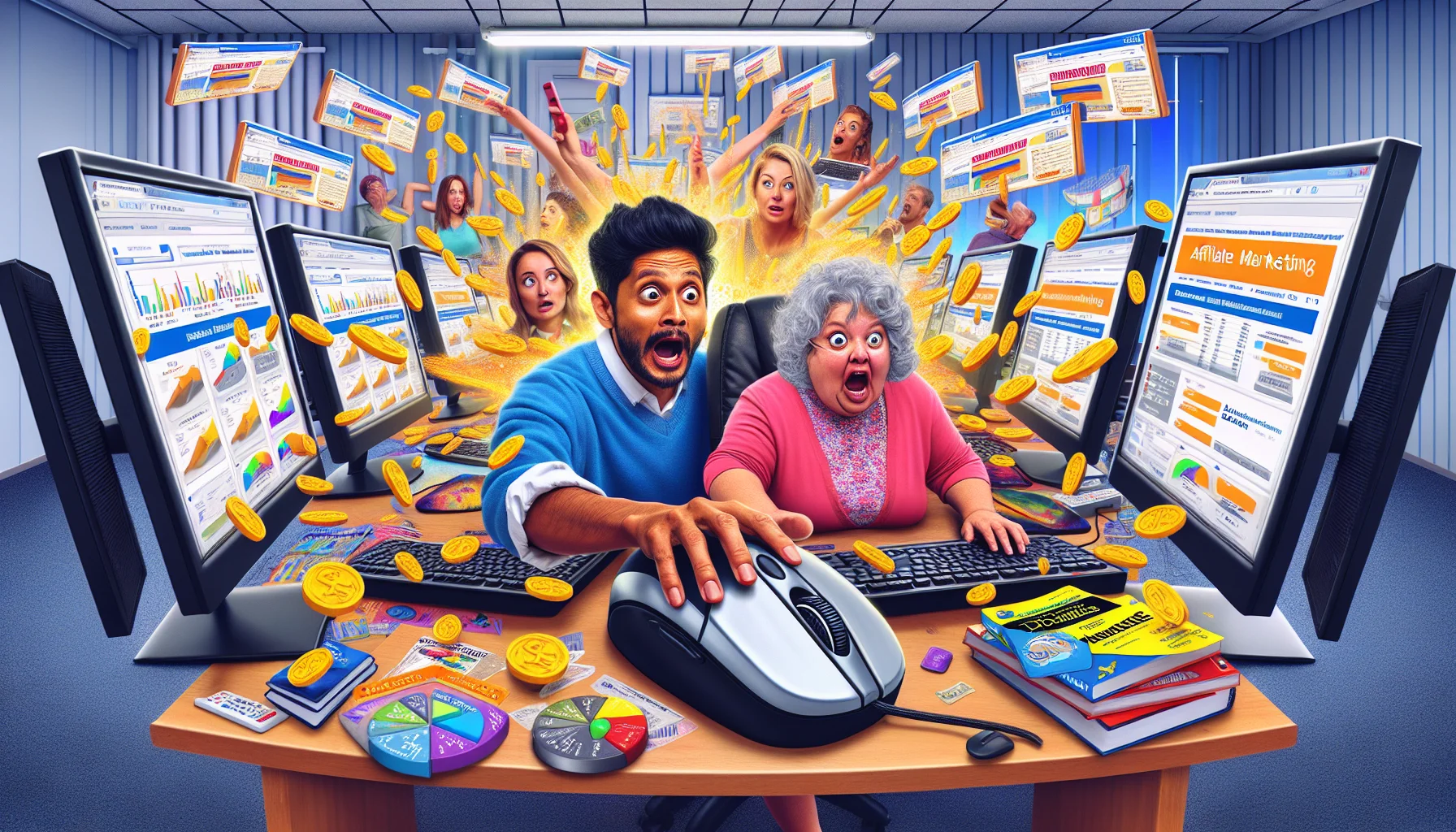 Create a humorous and exaggerated representation of affiliate marketing for beginners. Picture a scene where a middle-aged Hispanic woman and a young South Asian man are sitting at a comically large computing desk, surrounded by multiple computer screens filled with bright, confusing charts and graphs. They're enthusiastically clicking on a giant, oversized mouse, with expressions of utter confusion mixed with excitement. Every click results in a dramatic flurry of virtual coins pouring out of screens. The scene is set in a typical office environment decorated with beginner guides and 'Affiliate Marketing for Dummies' books.