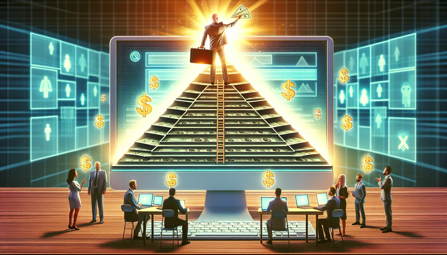 Create a humorous, realistic image that captures the concept of an affiliate marketing pyramid scheme related to making money online. The image might feature a computer screen displaying a pyramid-shaped chart with layers of people, representing different affiliate levels. On top of the pyramid let's place a figure holding a glowing briefcase full of internet symbols like '@' and 'hashtag'. Dollar signs might float around the scene, indicating the allure of easy money. However, also include a few people at the bottom of the pyramid looking puzzled or overwhelmed, to show the trickiness of such schemes.