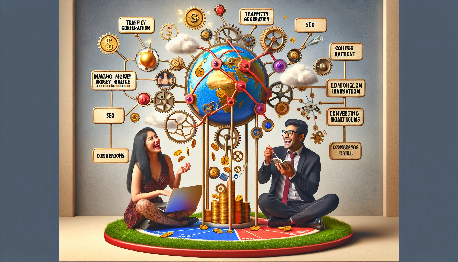 Create a humorous, lifelike image tableau that visualizes the secrets of affiliate marketing. Display a South Asian man and a Hispanic woman cheerfully engrossed in an animated discussion about strategies, surrounded by symbols representing the internet, such as a dimensional globe overlaid with network nodes. Key concepts like 'Making Money Online', 'Traffic Generation', 'SEO' and 'Conversions' could appear as doors, gears or levers in a whimsical, Rube Goldberg-style machine. Money sprouting from a laptop and gold coins showering from a cloud could underline the rewarding returns of online marketing. Use lighter tones and rich colors.