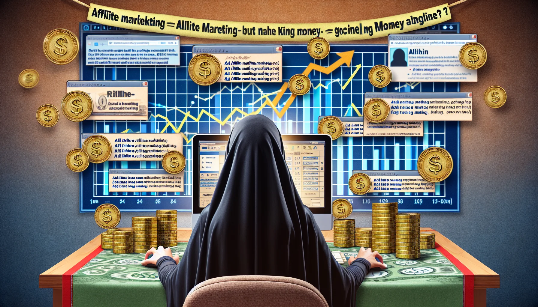 Generate an image with a comedic spin, depicting the concept of affiliate marketing in relation to making money online. Focus on realism but maintain the intrigue. Show a person - perhaps a Middle-Eastern female, sitting at a computer desk filled with graphs showing rising earnings. However, only show the person from behind to keep her identity hidden. Also visualize clicking links leading to different websites, each link represented by a gold coin to symbolize the potential earnings. In the background, show a ticker tape running with humorous yet encouraging phrases about affiliate marketing.