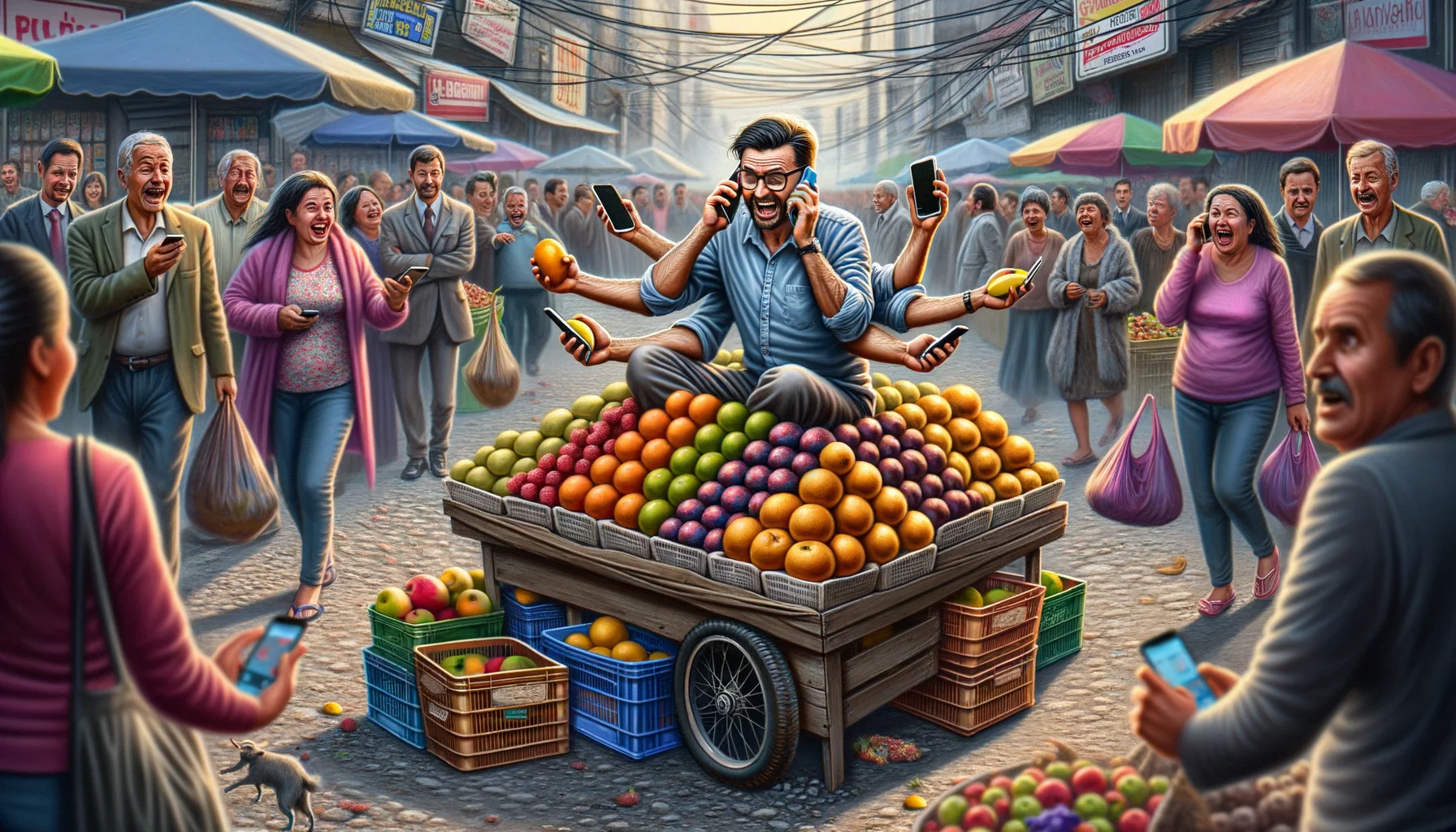 Generate a humorous image depicting a typical street market bustling with activity. Let the main scene be a fruit vendor who is simultaneously talking on three different phones, each representing a different affiliate program. The vendor is flustered but determined, using their feet to hand over fruits to customers. In the background, patrons are laughing together, delighted by the vendor's antics. Around the market, other vendors showcase bemused expressions as they watch the scene unfold.