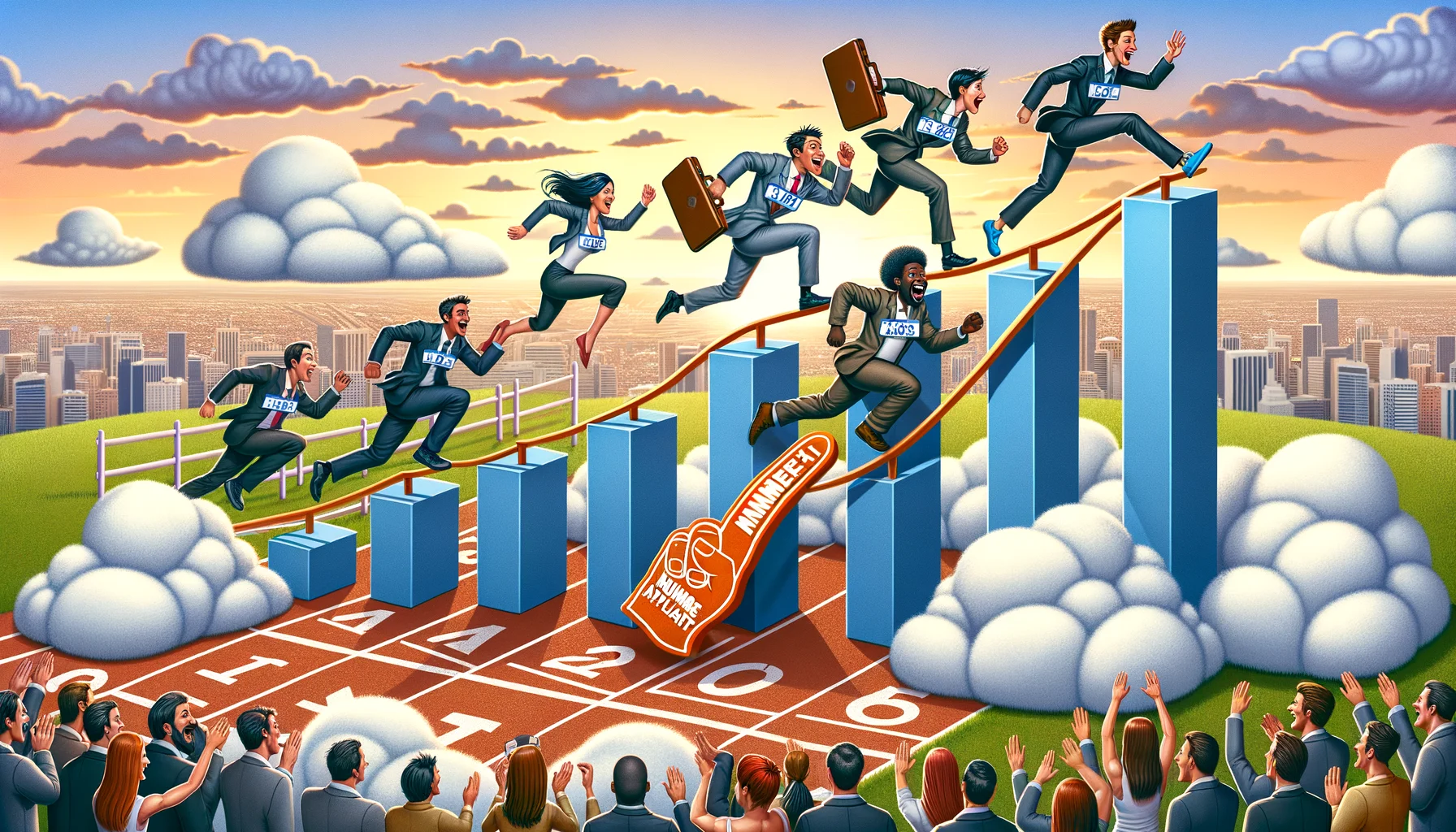 Imagine a humorous scene featuring an affiliate summit event in 2016. Picture this: an unexpected agility race where the participants are climbing over huge bar charts and sliding down gigantic trend lines created from fluffy clouds that symbolize data analytics. The competitors are of various genders and descents - an African man, an Asian woman, a Caucasian man and a Middle-Eastern woman, all wearing suits and ties. They are laughing as they're racing, comically trying to balance their laptops and gigantic foam fingers that say 'Number One Affiliate'. There's an audience in the background, cheering and laughing. The backdrop showcases a sunset over a city skyline.