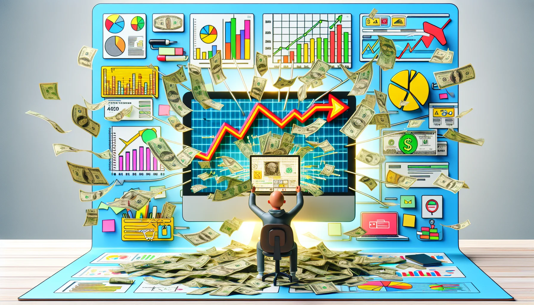 Generate an amusing, hyper-realistic image that portrays an eCommerce website's affiliate marketing program in relation to an interactive, online pinboard platform. Picture the dynamic in a compelling scenario linked to earning money online. It showcases graphs illustrating growth in income, attractive bright-colored infographics of money flowing in from multiple sources. The background is light & airy filled with commonly used eCommerce, online marketing and digital advertising imagery. A comical element could be a tiny character sitting in front of a sizeable computer screen, amazed by the potential earnings flashing on their screen.