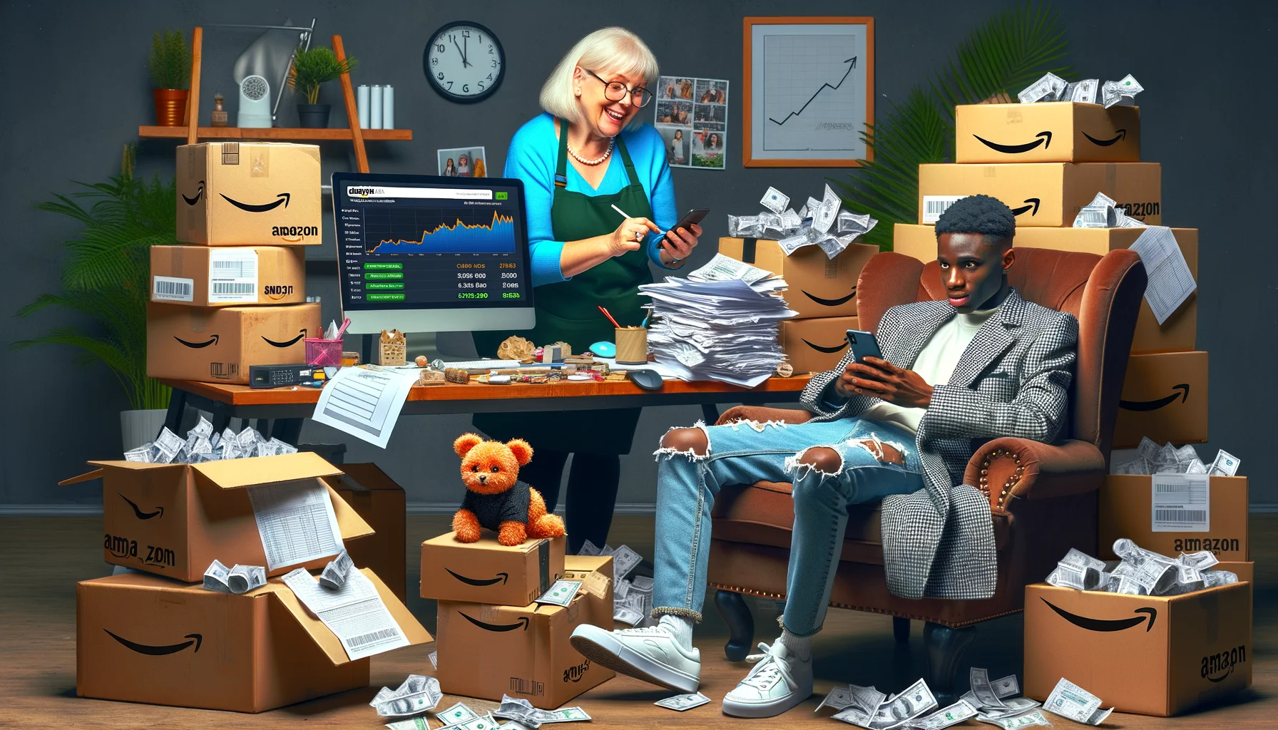 Create a comical, real-life image showing a humorously exaggerated contrast between an Amazon affiliate and a social media influencer. The Amazon affiliate is a middle-aged Caucasian woman, diligently working at her cluttered desk filled with paper works, shipment boxes and a computer showing high conversion rates. The influencer, on the other hand, is a young, Black male, casually lounging on a chair, engrossed in his smartphone with a myriad of glowing notifications, fashionably dressed and accompanied by a cute pet. The scene should exaggerate the chaos and order of their lifestyles, emphasizing the humor.
