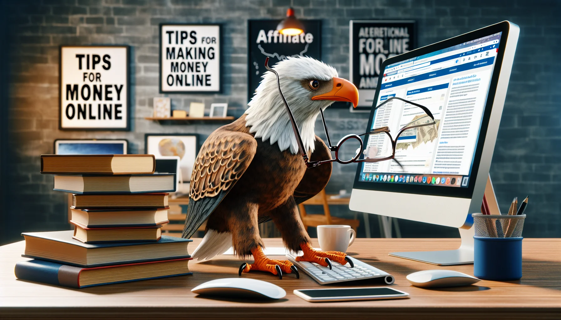 Envision an amusing, life-like scene highlighting an affiliate marketing program, symbolised by the American Eagle, which is a renowned bird often associated with strength and freedom. This scenario is intimately linked with the concept of generating income digitally. Imagine a computer, with multiple internet tabs open, all related to this affiliate program. Add to this picture an animated American Eagle perched on the computer monitor, wearing reading glasses and flipping through a virtual book titled 'Tips for Making Money Online'. The room can be adorned with numerous inspirational and motivational posters associated with online entrepreneurship.