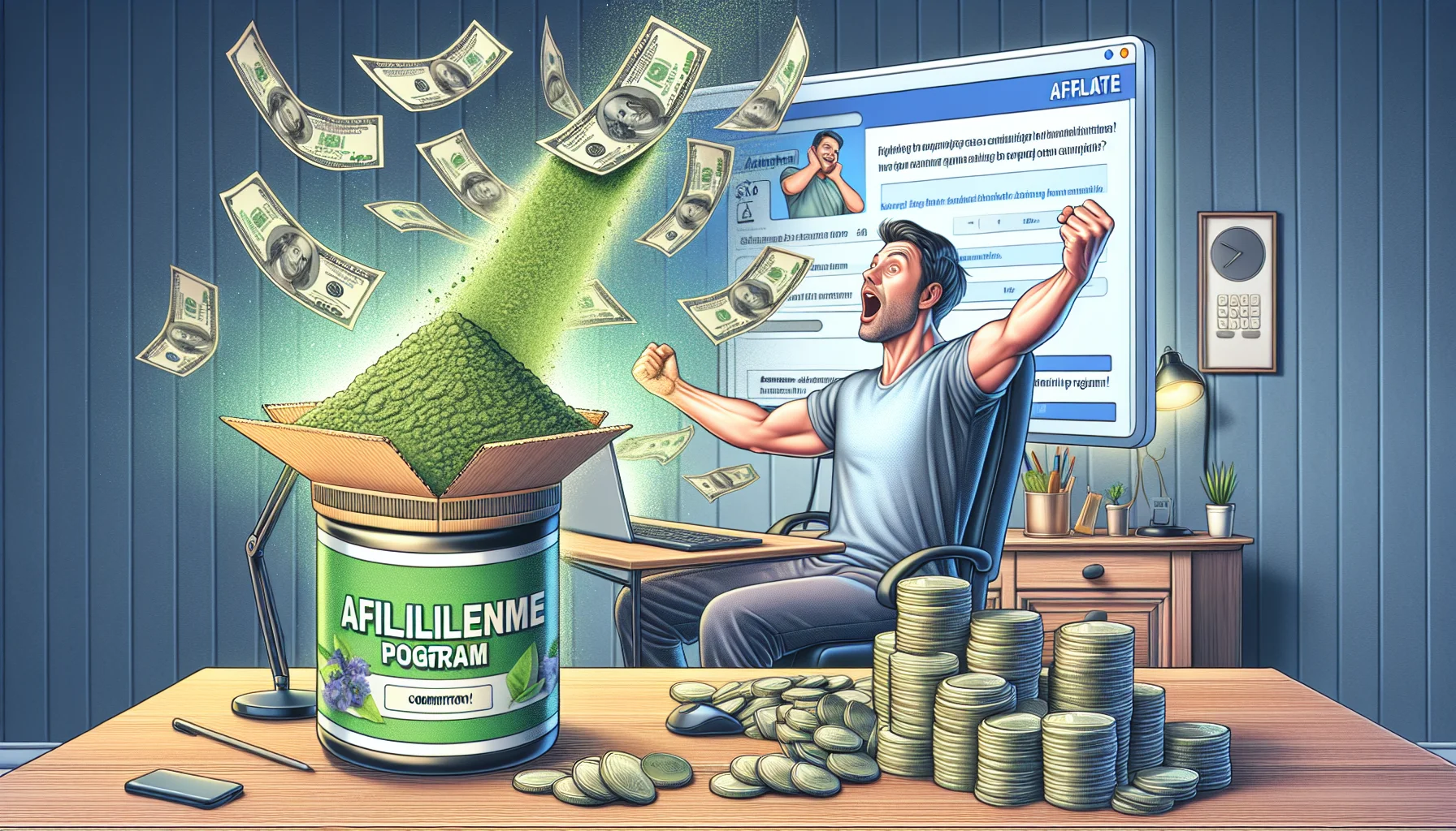 A humorous and realistic illustration symbolizing an affiliate program for a brand promoting healthy lifestyle and natural supplements. The scenario unfolds in a digital setting related to online monetization. Explore the scene where an enthusiastic Caucasian male in his 30s, wearing comfortable home office attire, is seen exuding excitement over his computer screen displaying a sizable increase in commission. To his side, a pack of the company's green powders placed neatly. Glimmering coins and dollar notes are emerging from the screen, suggesting the lucrative possibilities of the affiliate program. Weave in a light touch of surrealism to emphasize the rewarding potential of the program.
