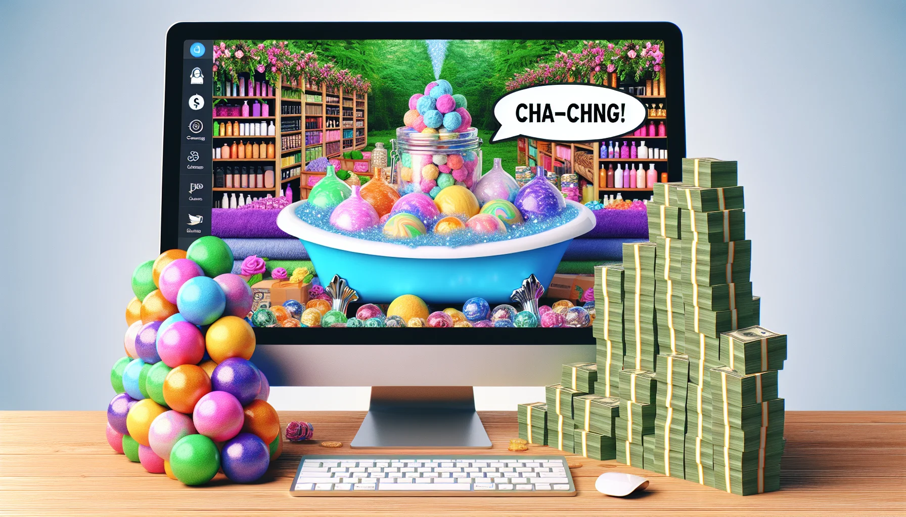 A humorous yet realistic scene related to the concept of making money online. In this image, we have a computer screen displaying a lush virtual marketplace filled with various bath and body products, from vibrant, aromatherapy bath bombs to shimmery lotions. Beside the computer, a stack of digital virtual cash is rising higher, indicating the earnings from the affiliate program. There's a bubble, subtitled with 'Cha-ching!', popping out from the computer screen to give a cheeky nod to the profitable endeavor. The ambiance is exciting yet laid-back, setting a perfect balance between work and relaxation.