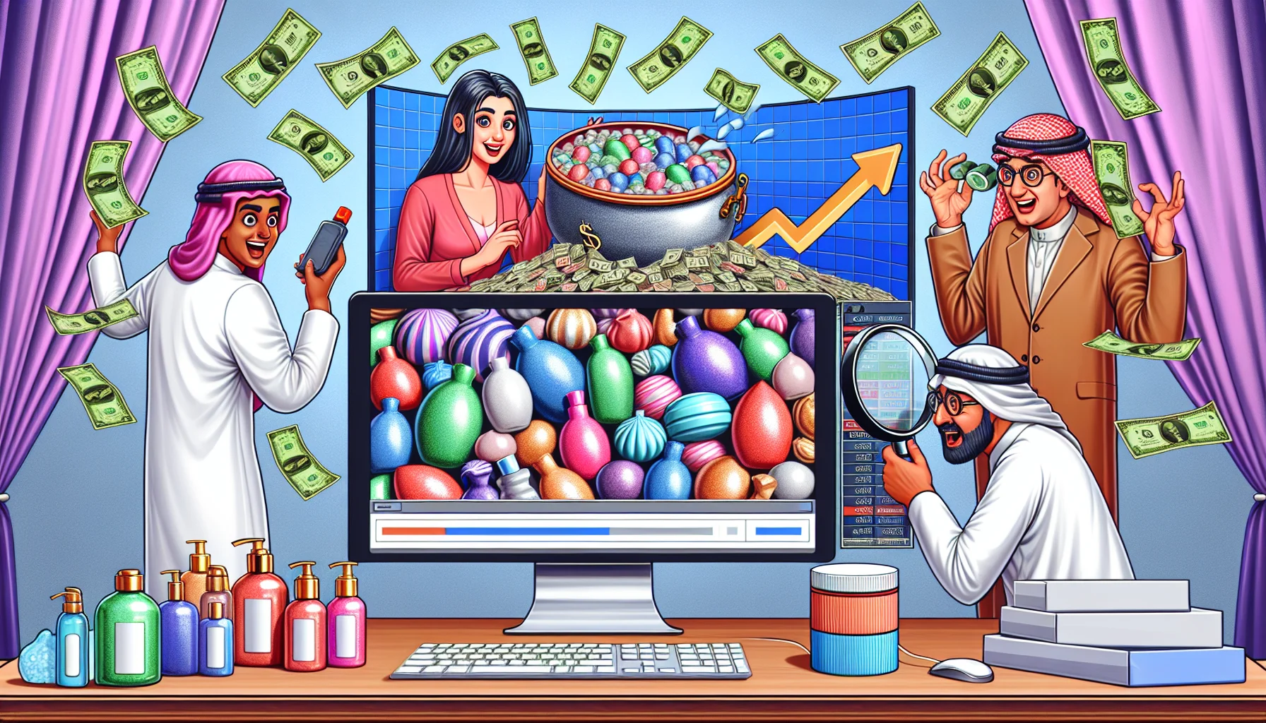 Depict a humorous and realistic scenario involving an online financial venture. Center the image around a multitude of colorfully packaged virtual soaps, lotions, and bath bombs arrayed on a computer screen, portraying the theme of an affiliate program. Add elements like an excited South Asian woman examining an upturning line graph on another monitor, dollar bills taking flight from the screen, and an Arabian man with a magnifying glass studying the computer codes, symbolizing a lucrative partnership with an online bath and body product company.