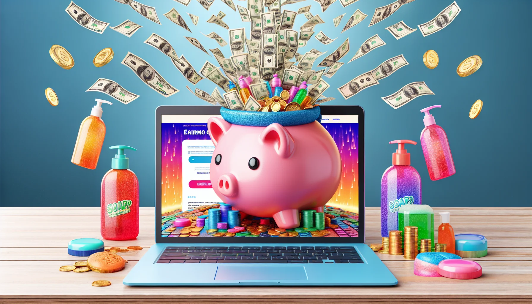 A funny and intriguing image that represents the concept of generating income online through an unidentified body care product's affiliate program. The scenario features a digitally rendered laptop screen displaying a vibrant website, enticing visitors with graphics of overflowing dollar bills, cash registers, and more. Next to the laptop, you see popular body care products like soaps and lotions, each with a clickable 'Earn Money Now!' bubble overlay. The entire setting is on a backdrop of a huge piggy bank with coins pouring out of it, symbolizing an easy flow of online income.