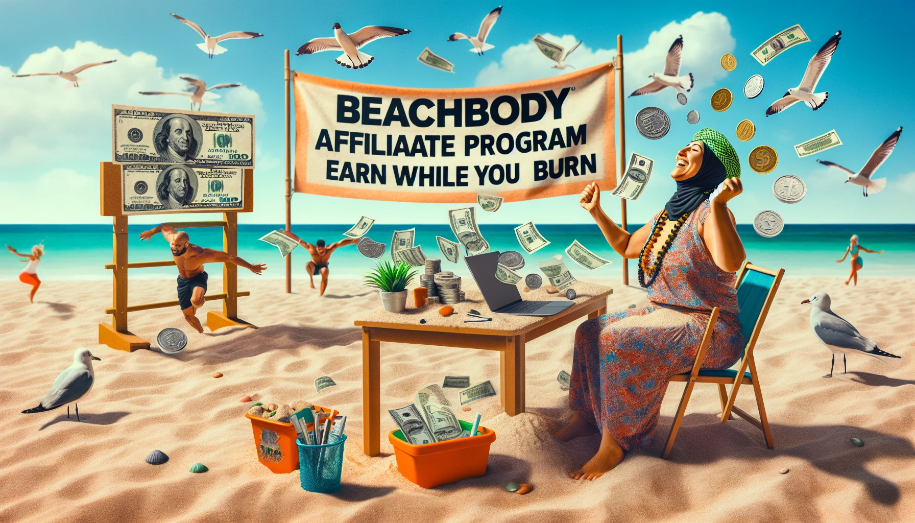 Picture a humorous, life-like scene depicting an affiliate program related to beachbody fitness. Imagine a playfully staged makeshift office set up on a sandy sunny beach. A middle-eastern woman in beach attire, energetically doing exercise moves while working on a laptop that's hovering on a sandy desk. Lots of coins and dollar bills are emerging from the screen of the laptop, symbolizing the concept of earning money online. Sand dollars are replacing conventional currency. A banner overhead displays 'Beachbody Affiliate Program Earn While You Burn’ as a catchy slogan. Seagulls fly in the background carrying smaller banners bearing the same message.