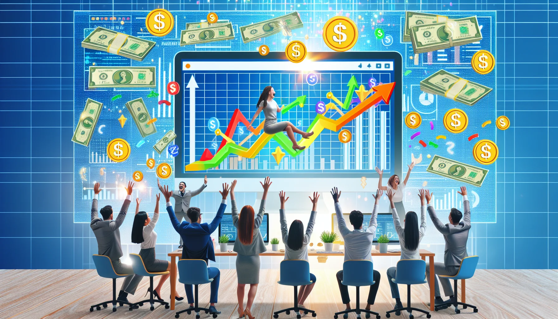 Create an amusing conceptual image that portrays the journey of becoming an affiliate of a large multi-national retail corporation, similar to Walmart. The setting is an online environment. It's a bright workstation with several visual indicators pointing towards making money online. There are charts and graphs on a computer screen, showing upward growth trends. Multiple currency symbols hover around the screen, indicating the potential earnings. A cheerful and unequivocally enthusiastic diverse group of men and women are present in the scene, all showcasing their excitement by high-fiving each other or gesturing their joy. They symbolize the affiliates who have found success online.