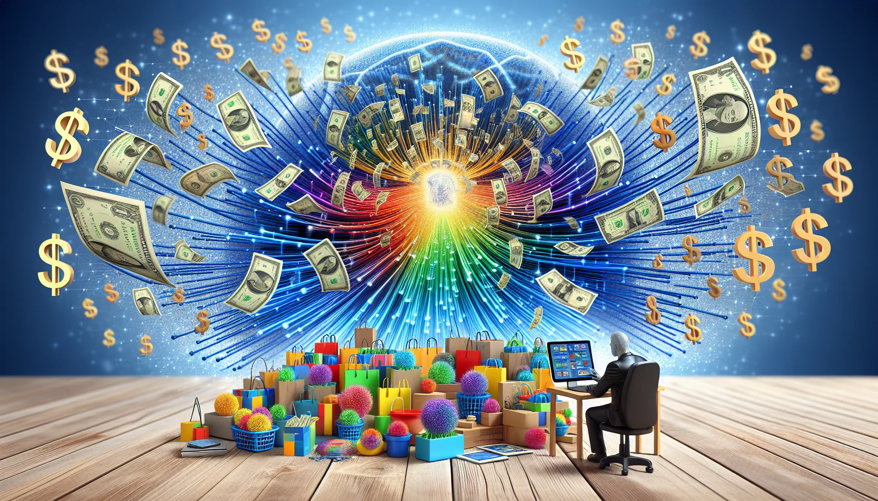 Imagine an entertaining and believable scenario showcasing someone becoming an affiliate of a major international retail chain, reminiscent of Walmart, in a context related to earning an income online. This person could be sitting at their computer, surrounded by a whimsical array of affiliate products, with each available in different shapes and colors form a rainbow pattern. In the background, the abstract concept of the internet is personified as a large, shimmering web of fiber optic cables. Dollar signs are falling from the sky like rain, symbolizing the online profits. The scene captures a light-hearted and optimistic view of affiliate partnerships and e-commerce earnings.