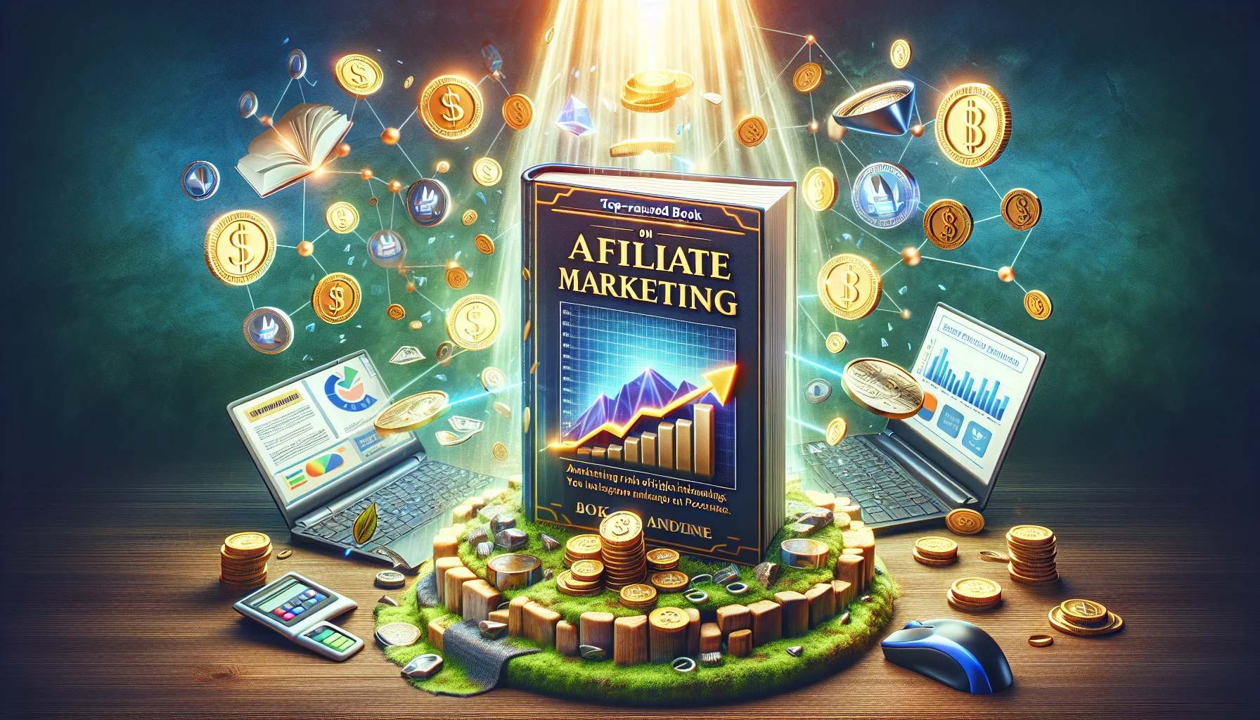 Generate an amusing and realistic image of a top-rated book on affiliate marketing. The book should be dramatically lit, surrounded by visual symbols of online success. Include images such as a laptop displaying increasing profit graphs, virtual coins, and a mouse clicking on a 'buy now' button. The background should be various hues of green to represent financial prosperity and the ambiance should be positive and encouraging. The scene leads onlookers to understand the promise of earning potential through online marketing.