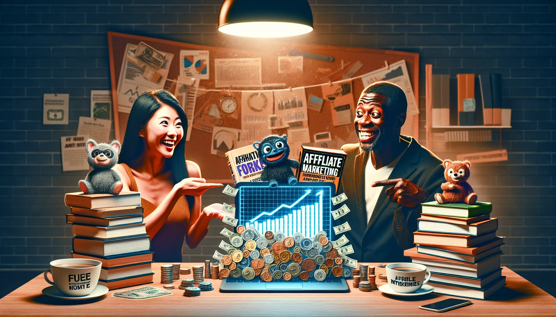 Craft an amusing, lifelike scene representing the top books on affiliate marketing in a compelling setting related to generating revenue on the internet. Visualize a range of books with engaging titles and colorful covers, strategically placed on a clean, modern desk lit by the warm glow of a desk lamp. Surround the books with elements often associated with online money-making – a sleek laptop displaying growth charts, coins and banknotes spilling out from the screen, a coffee cup labeled 'Fuel for Entrepreneurs', and a sign saying 'Affiliate Marketing = Passive Income'. A cheerful East Asian woman and a jovial Black man are engaging in a spirited discussion over these books, pointing and laughing at the over-the-top nature of their venture. Both are casually dressed, relaxed yet focused on their task.