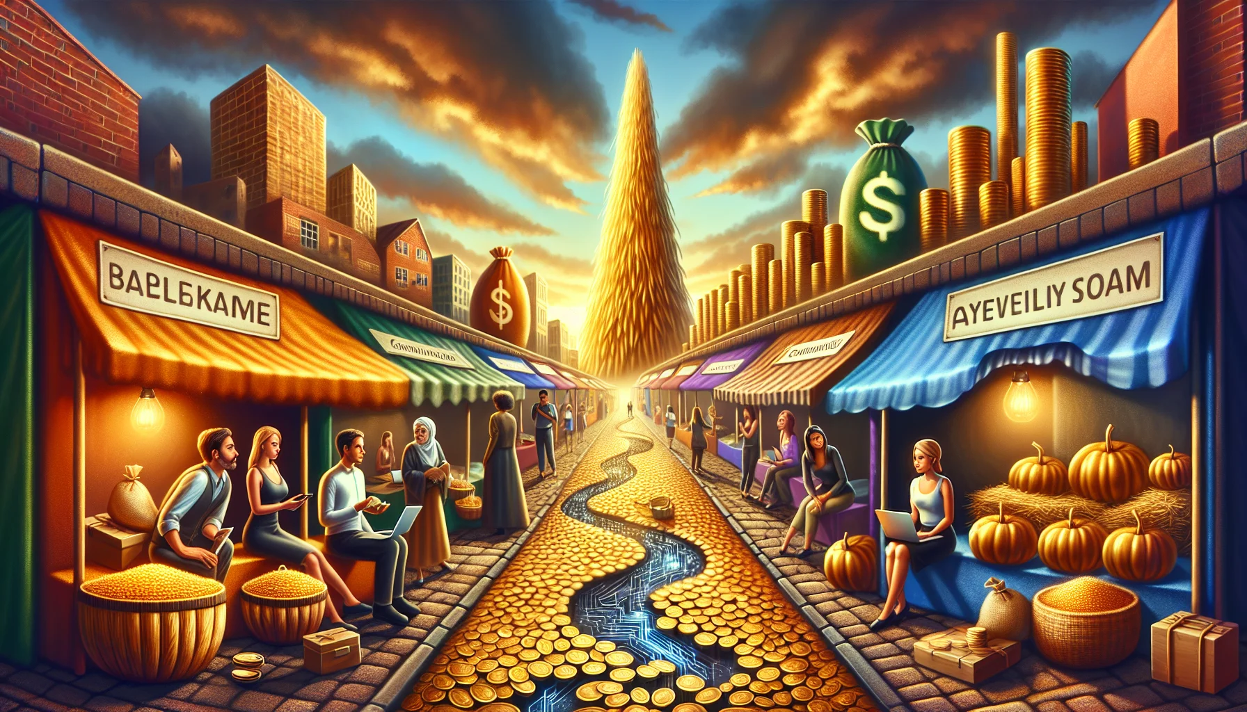 Imagine a whimsical street market at sunset with stalls, each representing an abstract notion of a top affiliate network. Each stall is uniquely decorated - one looks like a golden haystack indicating steady income, another resembles a towering beanstalk suggesting high growth potential, while another depicts a river of digital coins flowing from a laptop screen. Here, diverse people from all walks of life - a Middle-Eastern female entrepreneur, a Caucasian male retiree, a South Asian teenager, a Black working mom - all engaged and intrigued by the opportunity these stalls represent. Their eyes gleam with both humor and ambition under the golden twilight.
