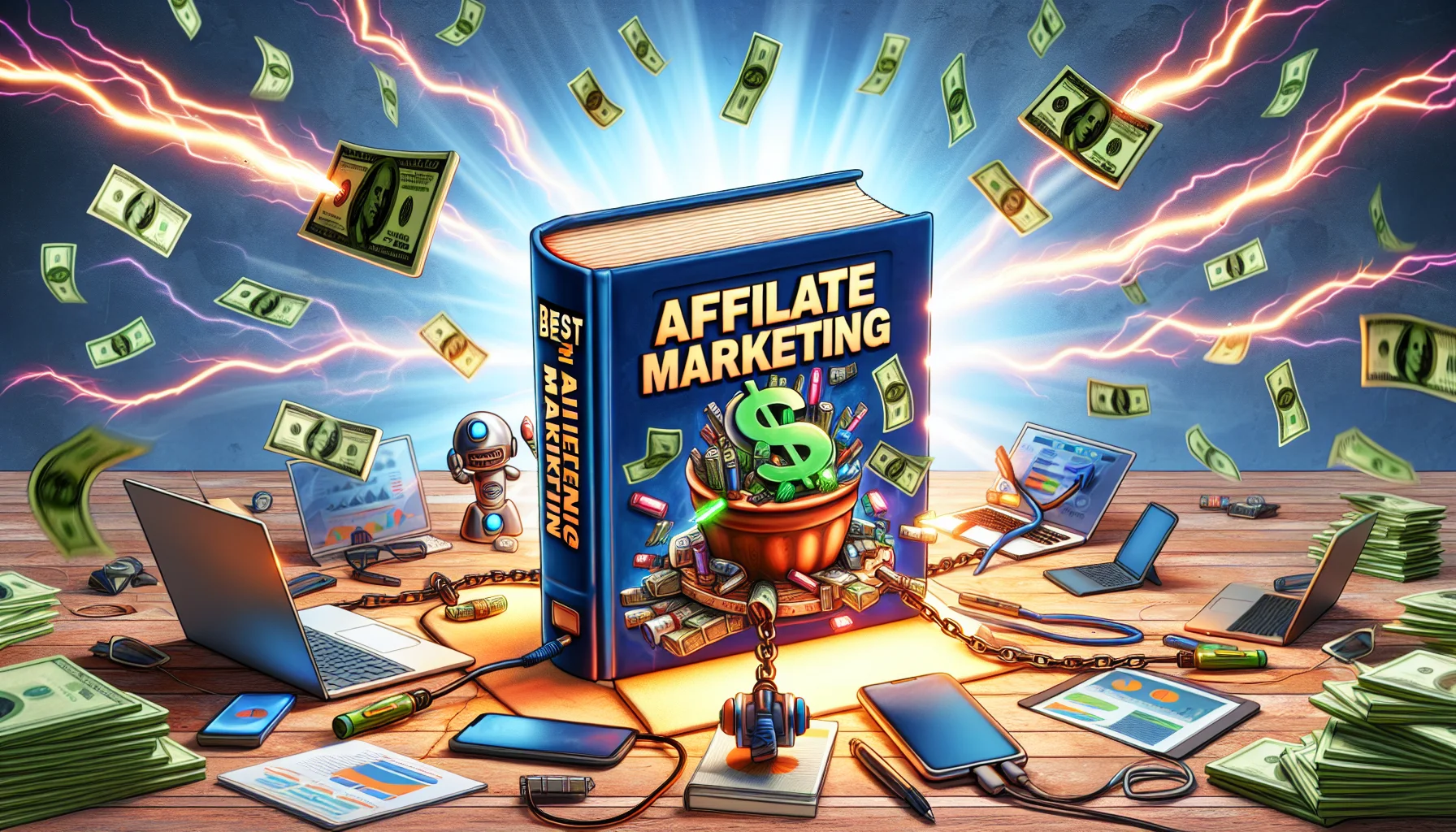 Picture a humorous, yet realistic scene set in an online money-making environment. In the middle of the scene, place the best book on affiliate marketing, as if it's the powerhouse of the operation. Illustrate the cover to be enticing with eye-catching colors and suggestive graphics related to making money online. Perhaps, draw a few cartoon dollar bills streaming out of the book, symbolizing the prosperous knowledge contained within. Surround the book with some generic tech devices - a laptop, a smartphone, perhaps even a little robot. All of them should seem to be hard at work, powered by this fantastic book.