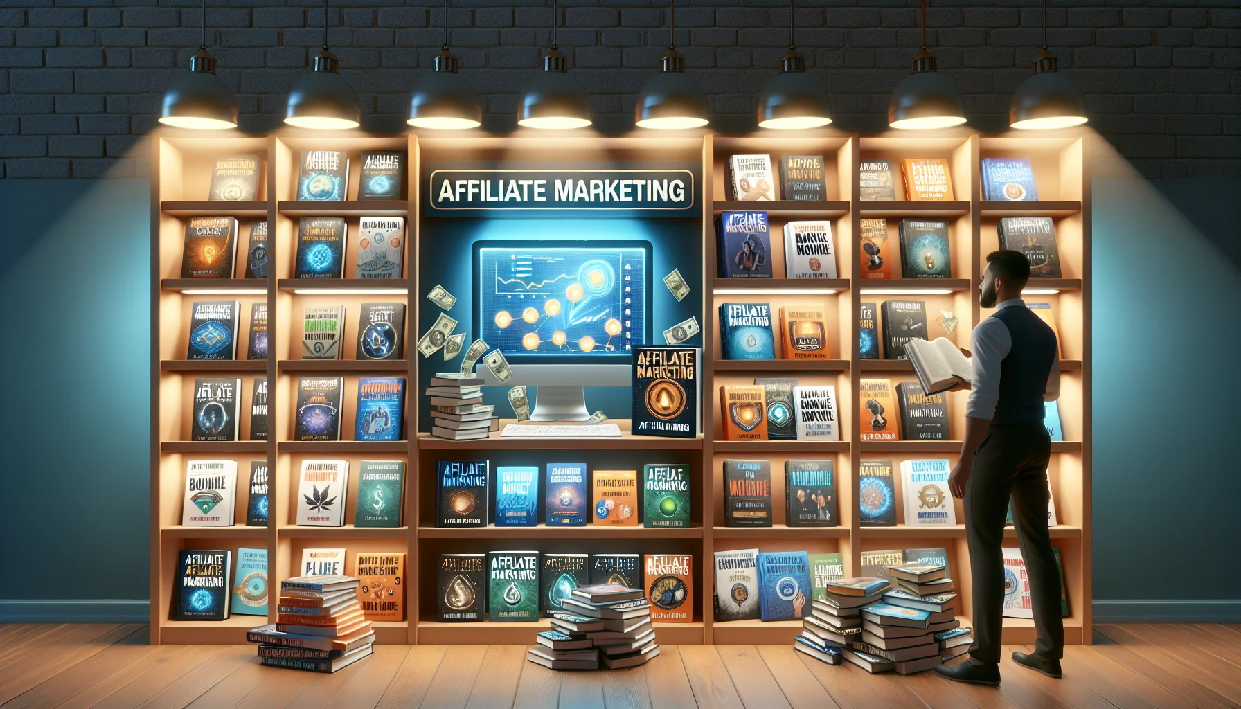 Imagine an aesthetically pleasing bookstore with realistic illumination. The shelves hold an impressive array of books, focused mainly on 'Affiliate Marketing' capturing the spotlight. Each book cover is different, but all of them captivating enough to be instantly recognized as top resources for affiliate marketing. They are creatively designed with engaging graphics related to making money online. Elements include dollar signs, a computer screen showing impressive sales graphs, and symbols of popular eCommerce platforms. A jovial shopkeeper of Hispanic descent is arranging them in a way to entice the customers. The overall ambiance perfectly conveys the potential profitability of affiliate marketing.