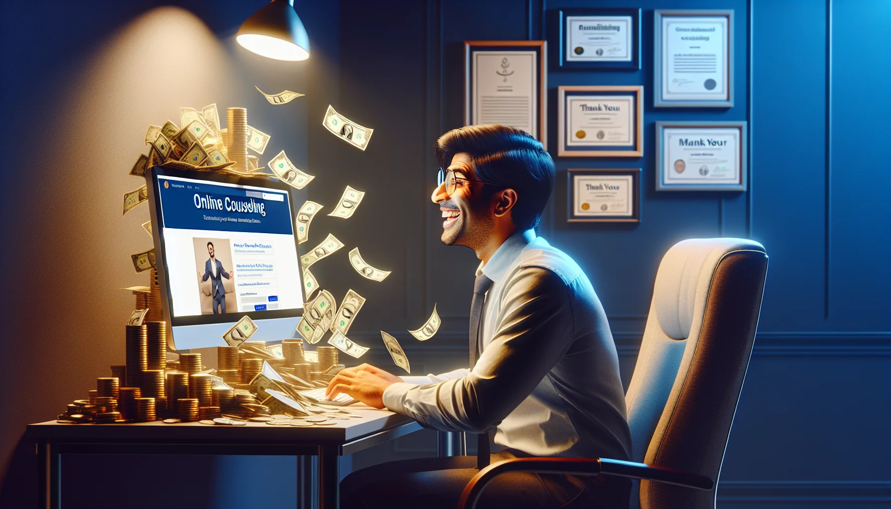 Imagine a scene where a cheerful individual, of South Asian descent and male gender, is seen sitting at a sleek modern workstation illuminated with soft light. The computer screen shows a website related to online counseling, indicating he's an affiliate. Piles of gold coins and dollar bills are humorously overflowing from the computer screen. The walls of the room are adorned with certificates of recognition and thank you notes, depicting the successful affiliate journey. The expression on the individual's face is gleaming with satisfaction and certainty, amplifying the humor and realism of making a living online.