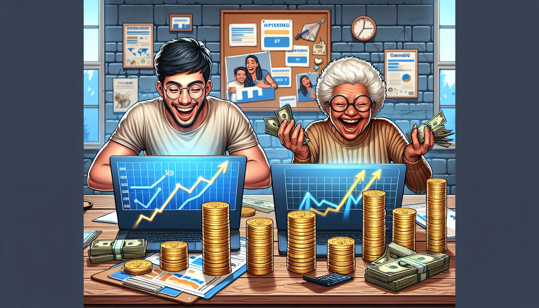 Imagine a comedic and realistic scene depicting the affiliate program of an unspecified online therapy platform. Highlight the potential of income generation in a digital environment. Set in a cozy home office, a young Hispanic man and an elderly Black woman are joyously reviewing their laptops' screens, which display rising graphs and positive numbers, symbolizing their growing online earnings. Cartoonish stacks of gold coins and banknotes are bouncing on their desks, adding a lighter and playful tone to the scene. Subtle cues in the background, like promotional posters and a miniature globe, hint at the global reach of online affiliate programs.
